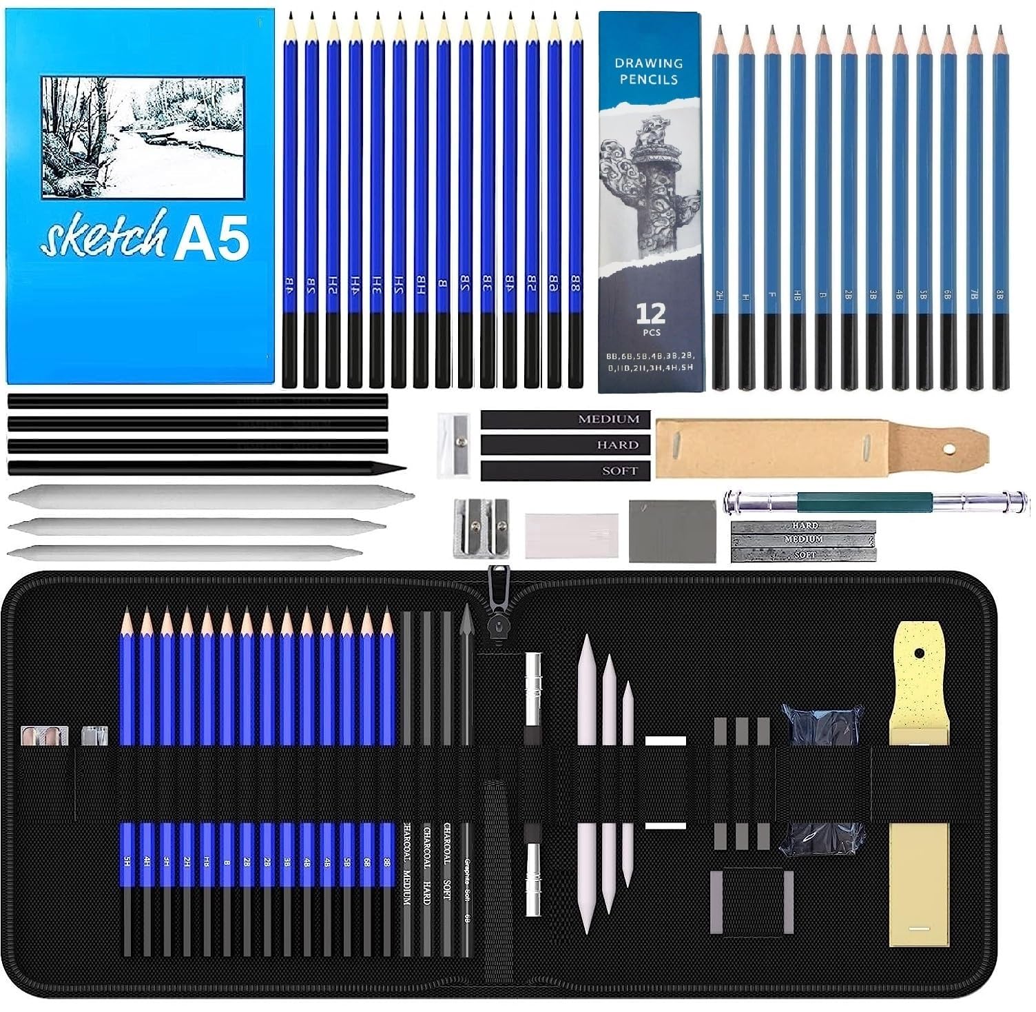 Sketching Pencil Set - 12 Pencils & Sketchbook -12