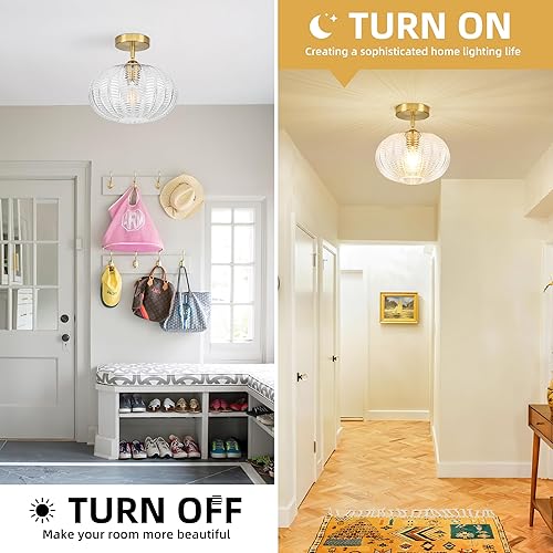 Miniatura 7 de Lámpara de techo semiempotrada dorada, lámpara de techo vintage, lámpara de techo vintage con globo de vidrio texturizado de mediados de siglo,