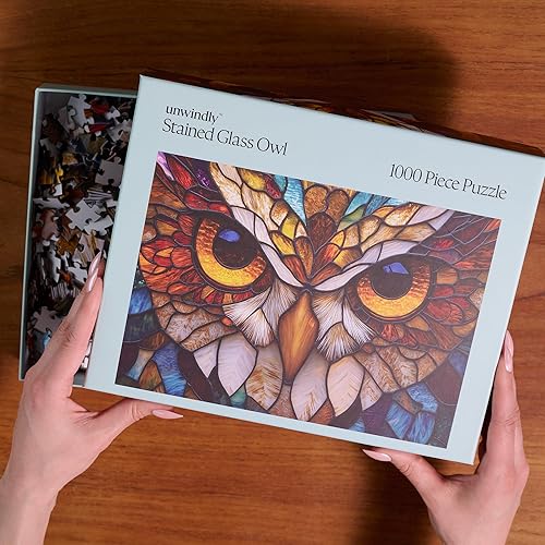 Miniatura 3 de Rompecabezas de búho de vidrieras para adultos, rompecabezas de 1000 piezas con póster adicional, diseño único y colores vibrantes