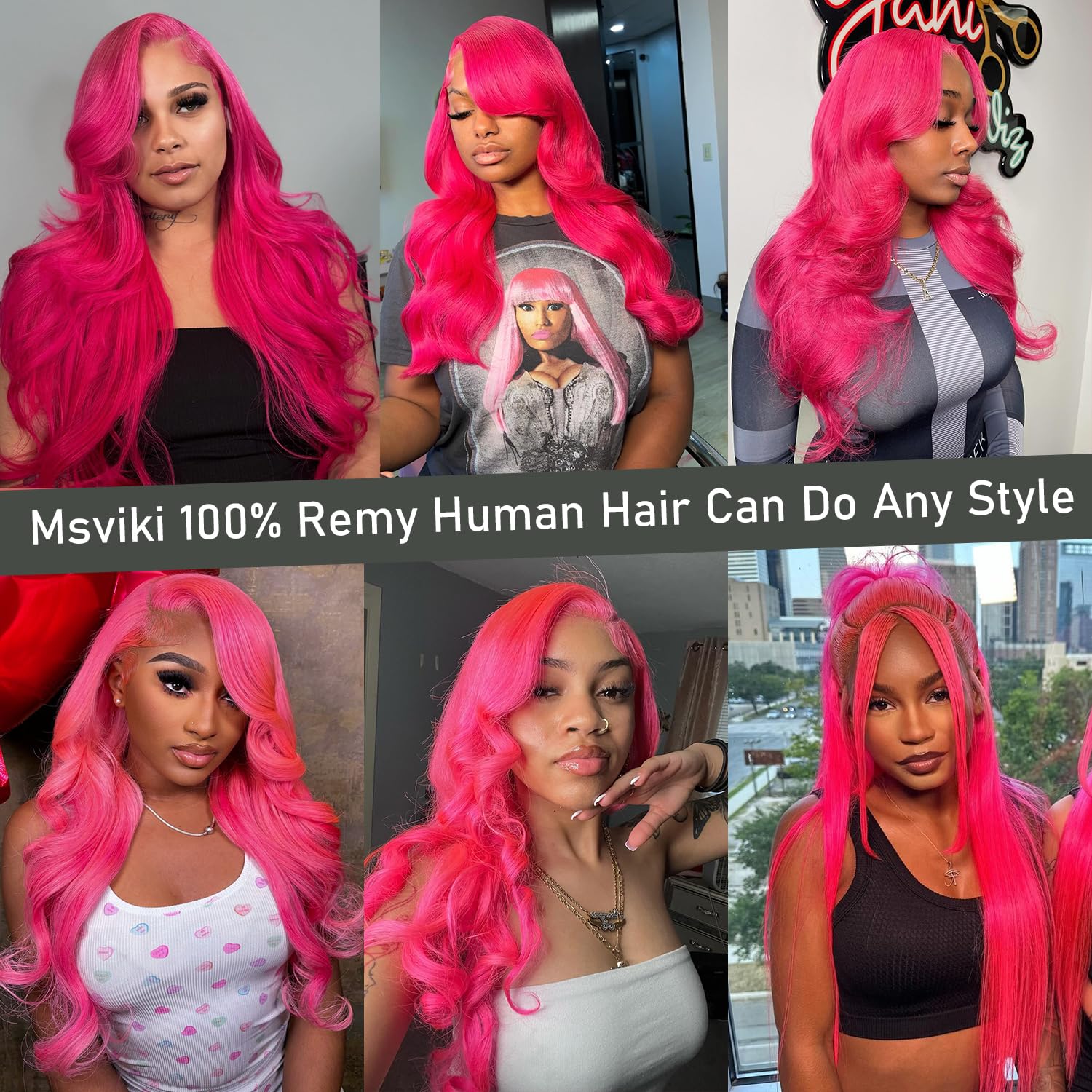 Amazon.com : Msviki 28 Inch Hot Pink Human Hair Wig 200  display picture 2