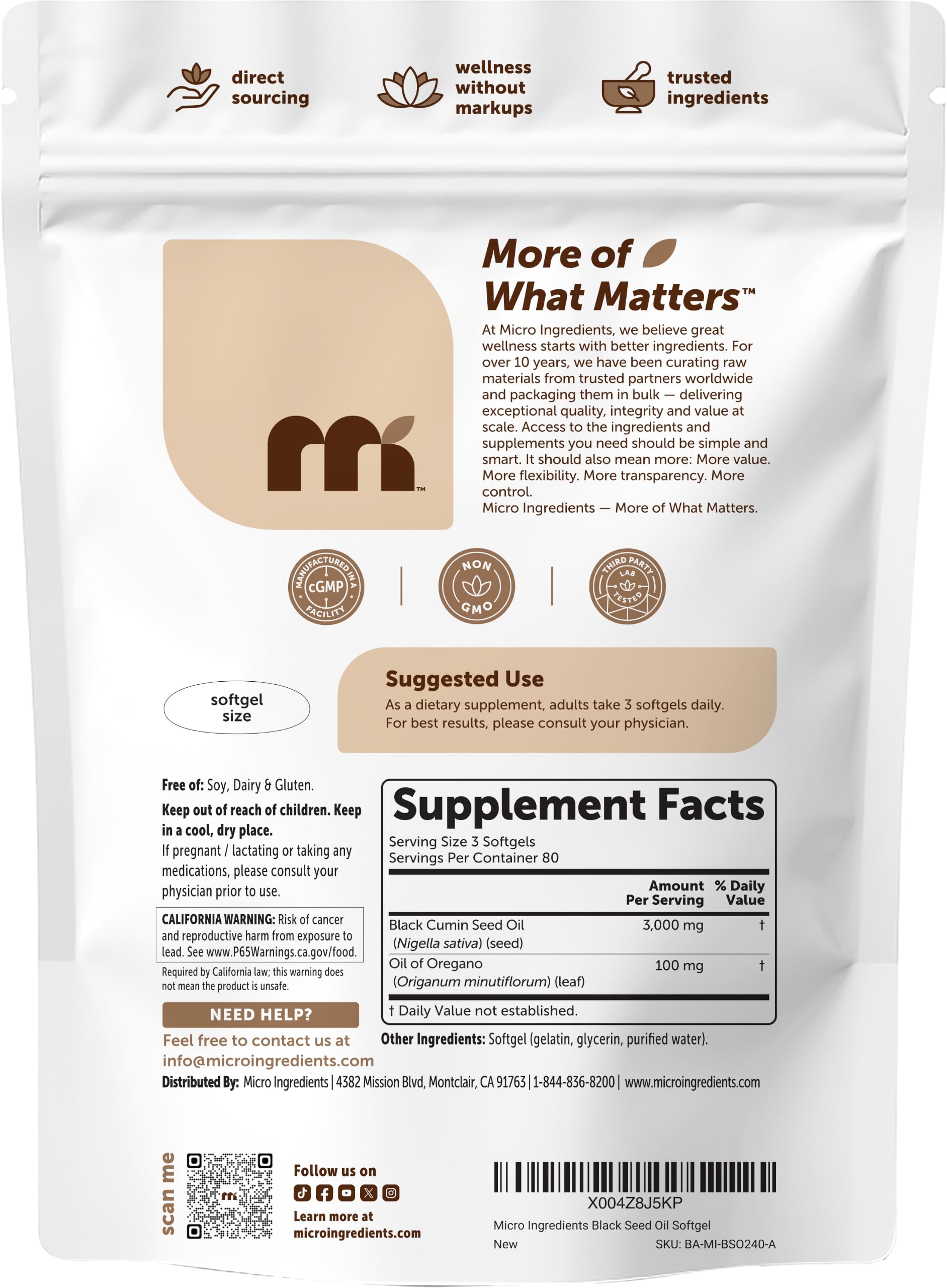 Micro Ingredients Black Seed Oil 3,000 mg Per Serving, 240 Softgels — Amazon image 7