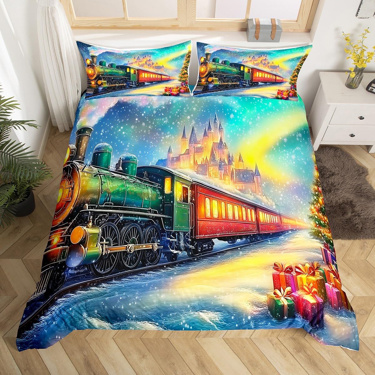 Steam Train Duvet Cover Single,Aurora Castle Bedding Set for Kids Boys Girls,Christmas Tree Xmas Bed Set Winter Snow Scene Duvet Cover with 1 Pillowcase Room Decor (No Comforter)