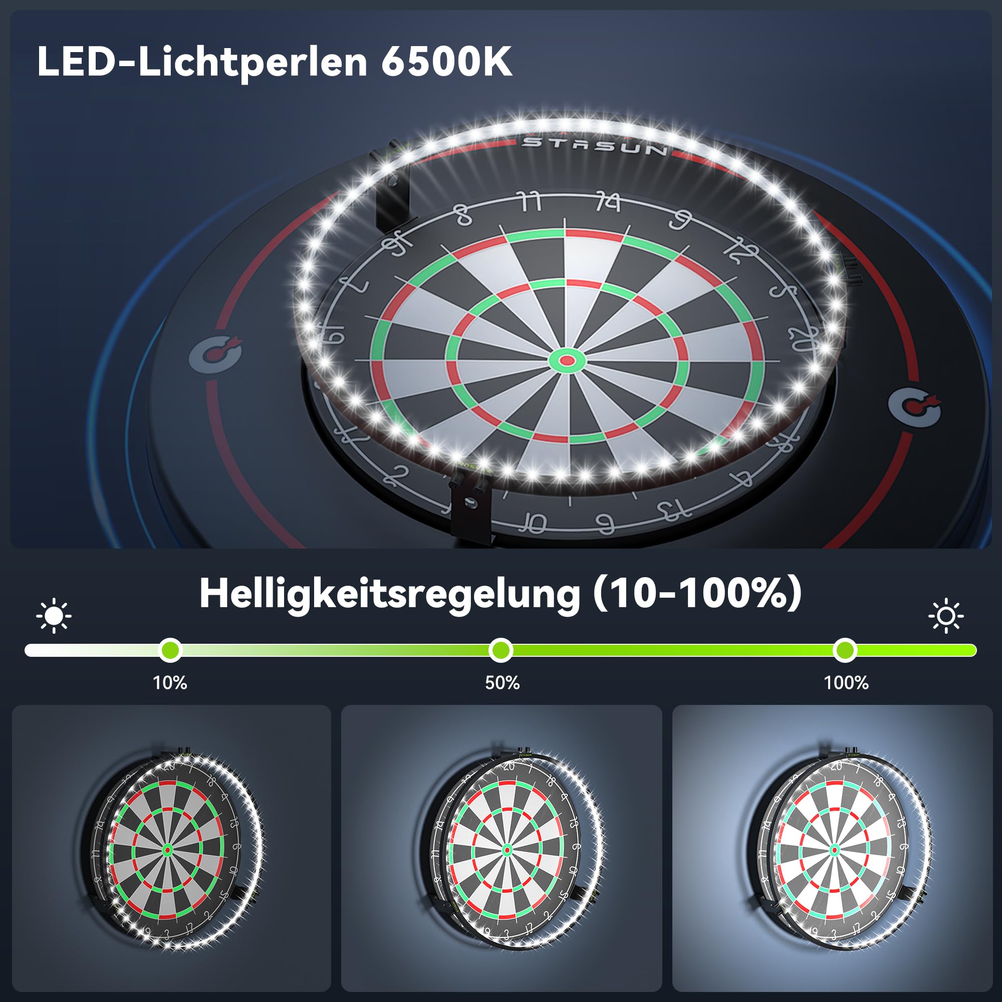 STASUN 360°Dart Beleuchtung,Weiße LED Dartscheibe Licht,Bnehmbar Dartboard Lighting System,12W 6500K Magnetisches Dart Lichtring und Zubehör für Das Gesamte Board