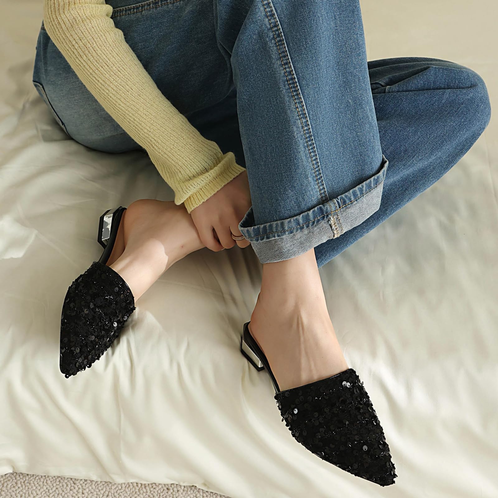 Sabot Piatti con Cinturino con Paillettes da Donna, comode Scarpe Mary Jane a Punta, Sandali Eleganti da Ufficio per Feste di Matrimonio