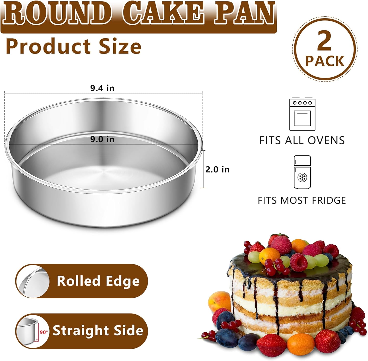 LIANYU 9 Inch Round Cake Pan Set of 2, Stainless Steel Wedding Oven Cake Pan Set for Baking, Metal Round Baking Tin Pan Mold, Deep Bakeware for Layer Birthday Cake, Mirror Polished, Dishwasher Safe - Image 2
