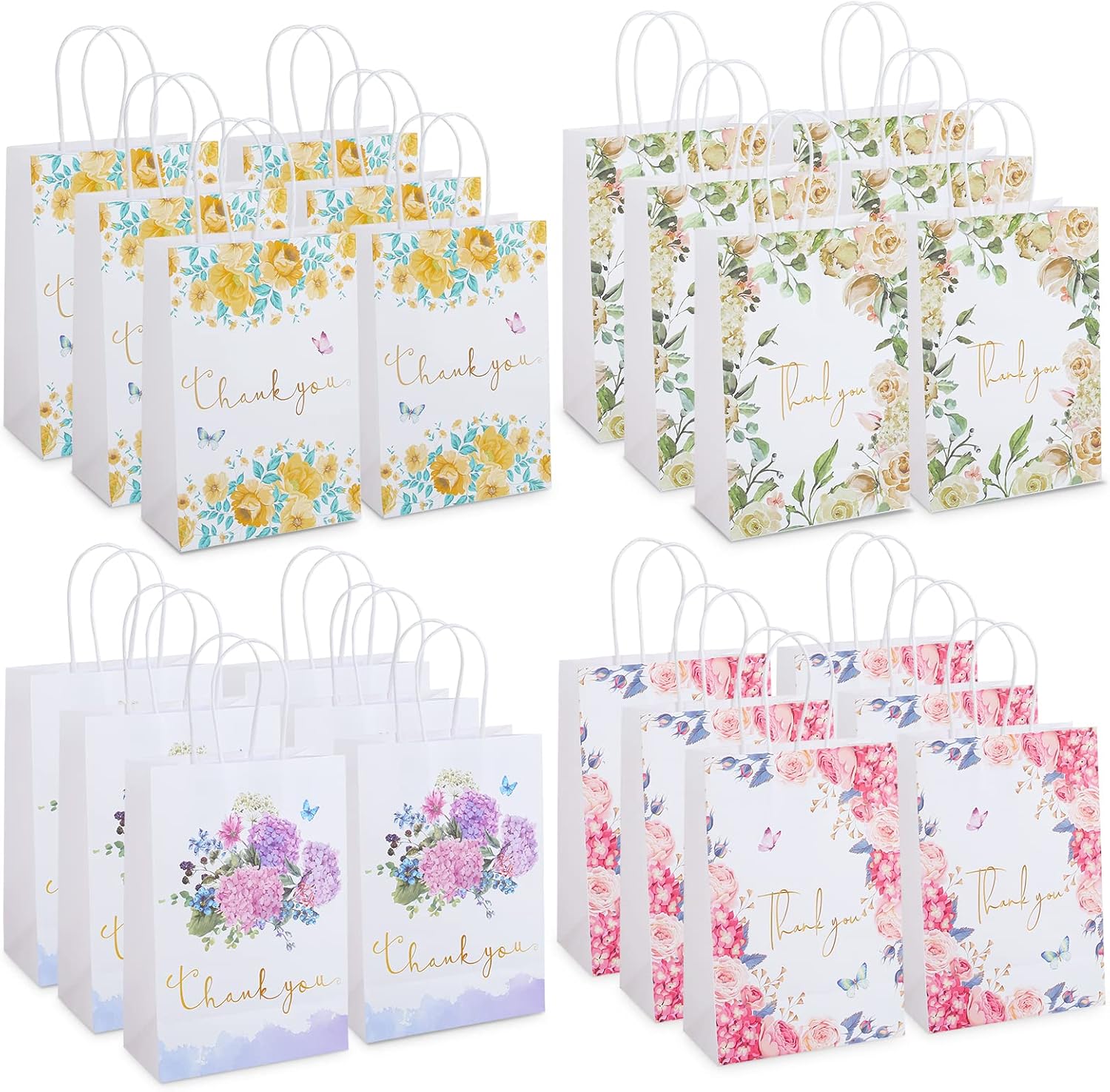 Thank You Gift Bags 24 Pack Floral Design Small Thank You Bags with Handles, 8.6" X