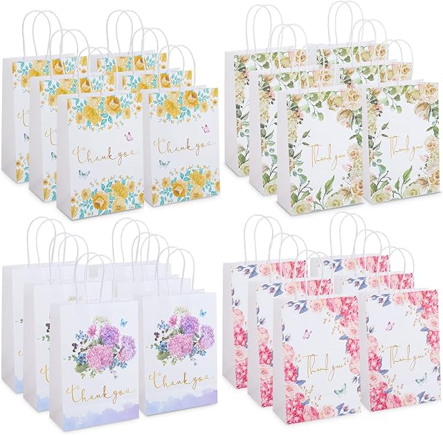 Kesote 24Pcs Floral Style Thank You Party Bags with Handle, Floral Design White Kraft Paper Bags for Thank You for Purchasing Baby Shower Birthday Party - 6.3 x 8.7 x 3.2