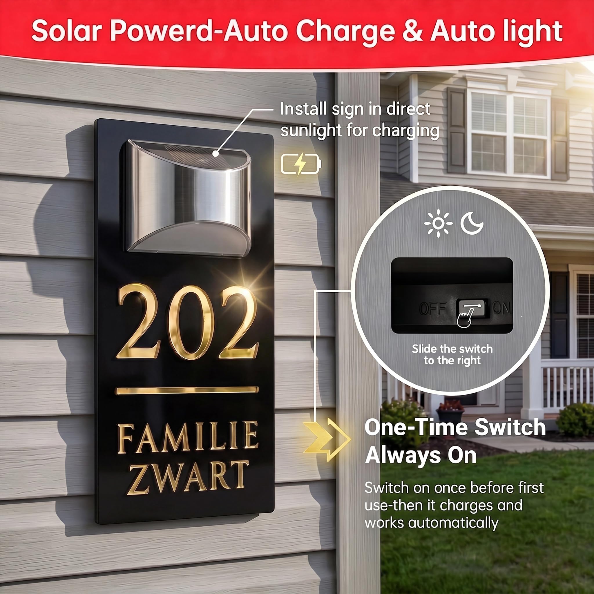 Plaque d'Adresse LED Solaire Personnalisée - Numéro de Maison Lumineux Extérieur avec Capteur Automatique - Design Moderne Étanche IP65 pour Maison, Rue et Hôtel