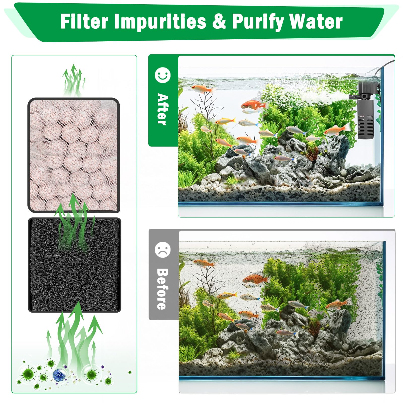 AQQA Filtre Aquarium, 4 en 1 Puissant Pompe Aquarium Silencieuse avec Triple Filtration, 450L/H Débit Réglable Filtre Intérieur pour Réservoir Jusqu'à 120L