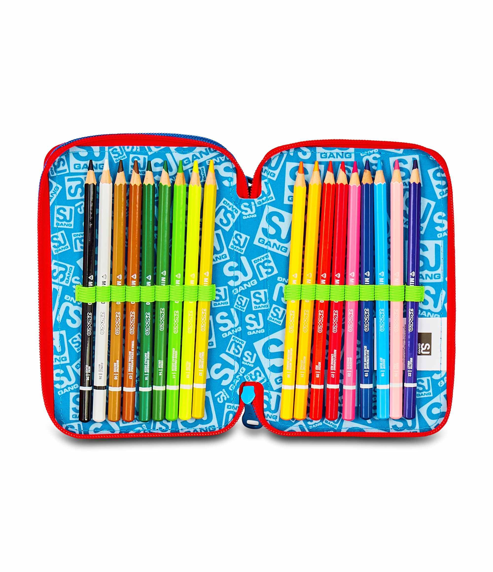 SJ GANG STYLE JAM GANG Astuccio Scuola 3 Zip,Blu, Portapenne Triplo Scomparto Completo Di Penne, Matite, Colori, Accessori Zaino, Scuola Elementare, Bambino