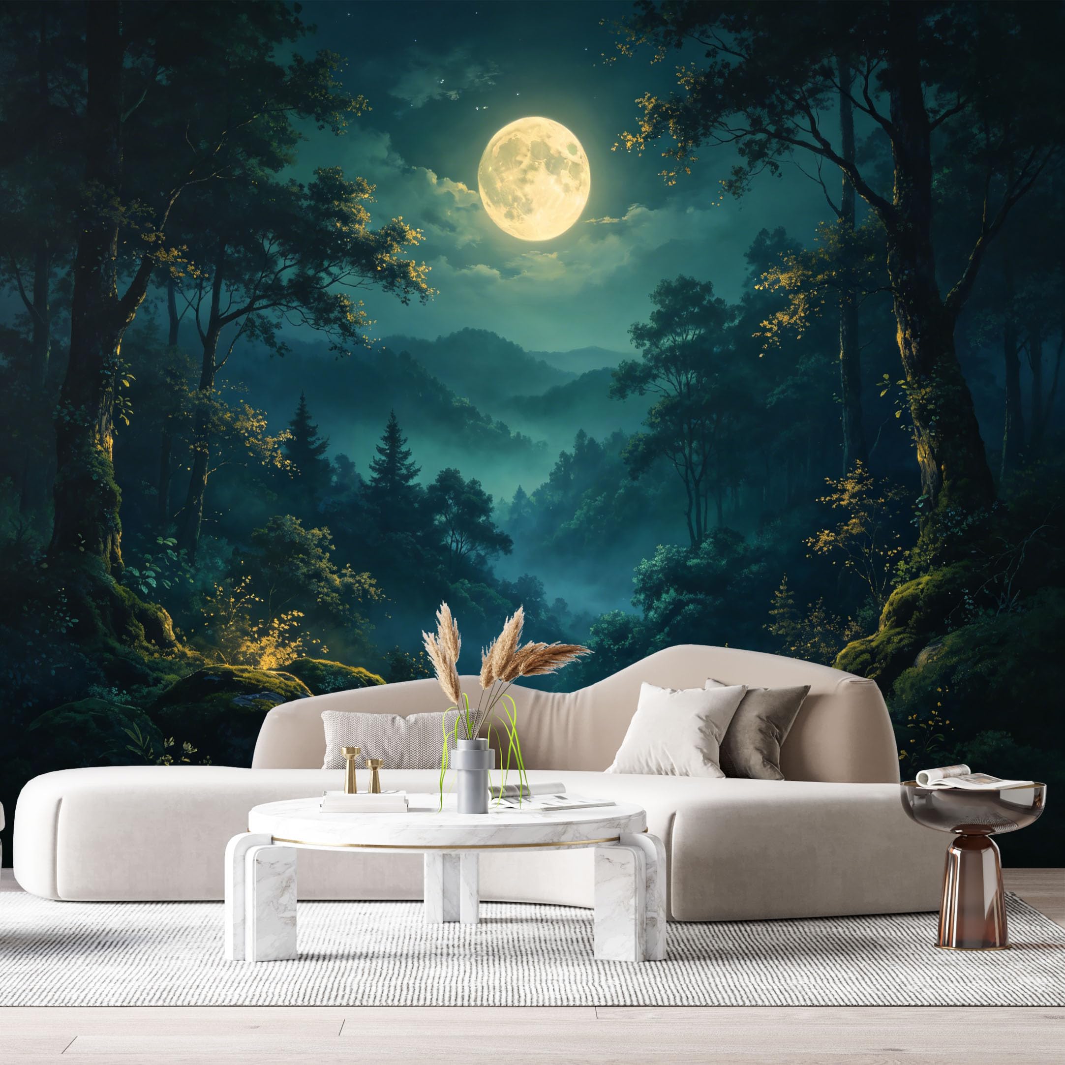 Custom Size Wall Murals Moonlit Forest Landscape Night Mountain Mist Botanical Glow SelfAdhesive Wall Fabric Removable Large Wallpaper for Photo Living Room