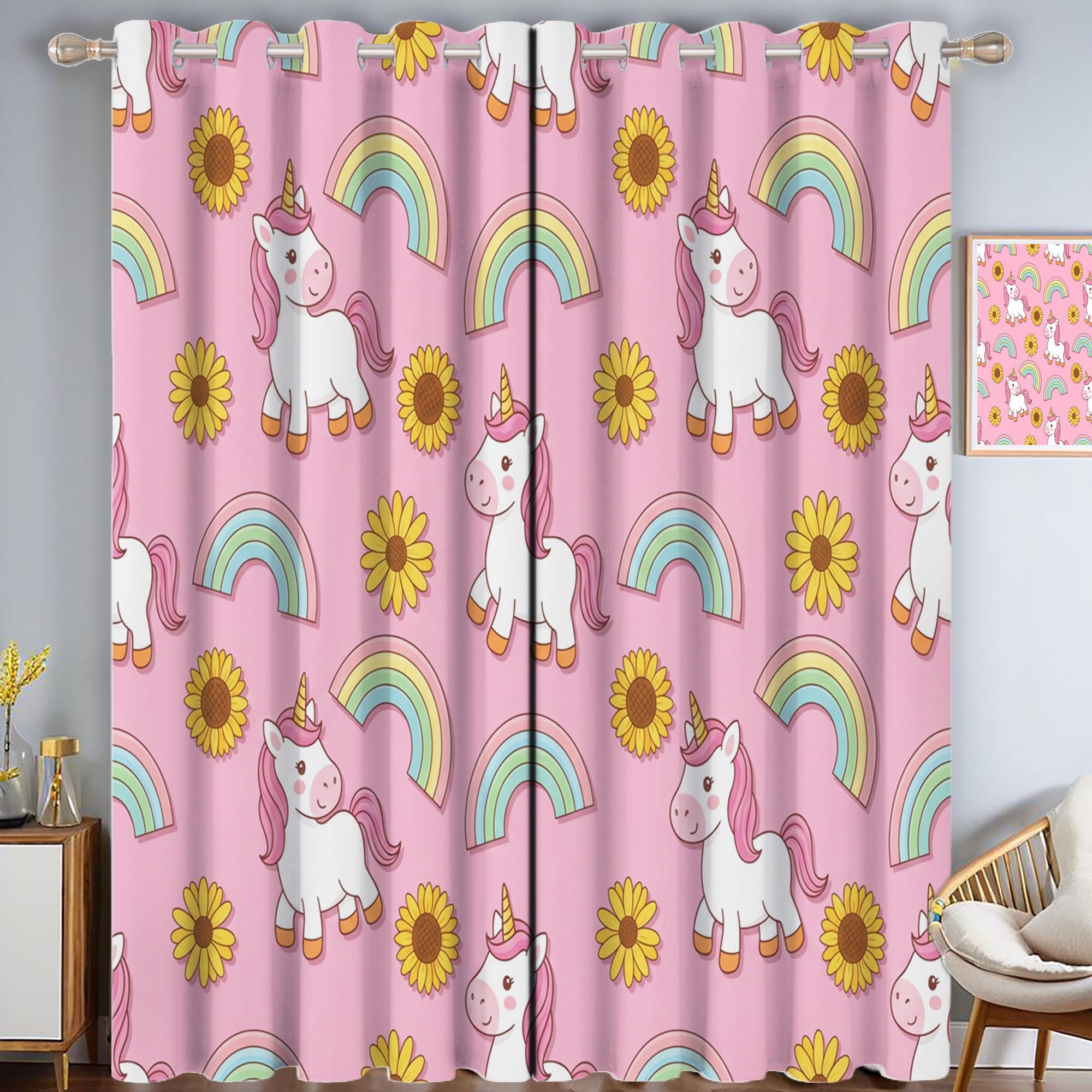 Rideaux Occultants Salon, Arc-en-Ciel Mignon Licorne Enfants Panneaux De Rideaux Intérieurs, Draperies Rose, Animaux Intéressants Fleurs Chambre Décoration Confidentialité Tentures 110X215 Cm X2