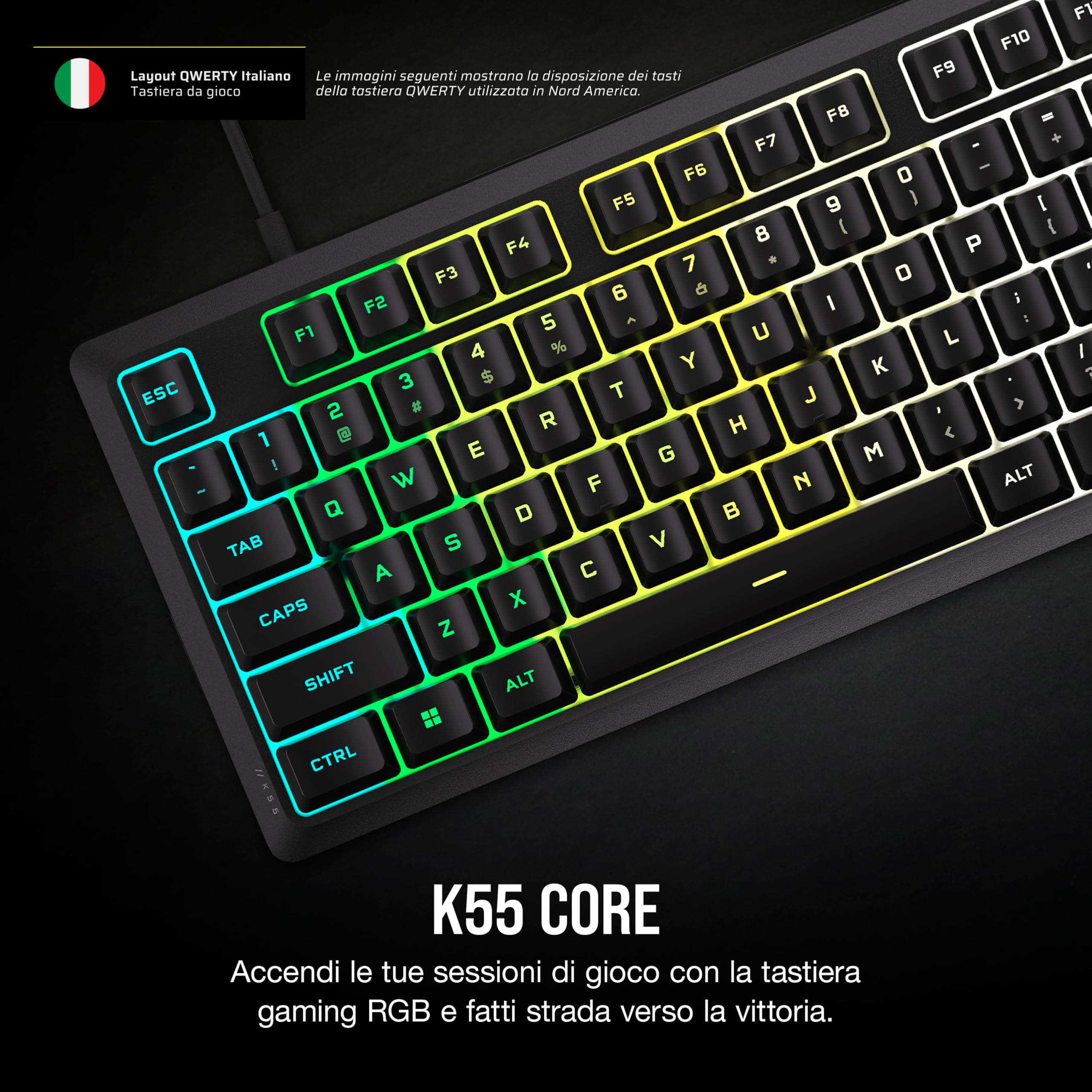 Corsair K55 CORE RGB Tastiera da Gioco a Membrana Cablata – Nero | Layout QWERTY Italiano, Interruttori Silenziosi e Reattivi, Resistenza al Versamento, RGB a Dieci Zone, PC, Mac