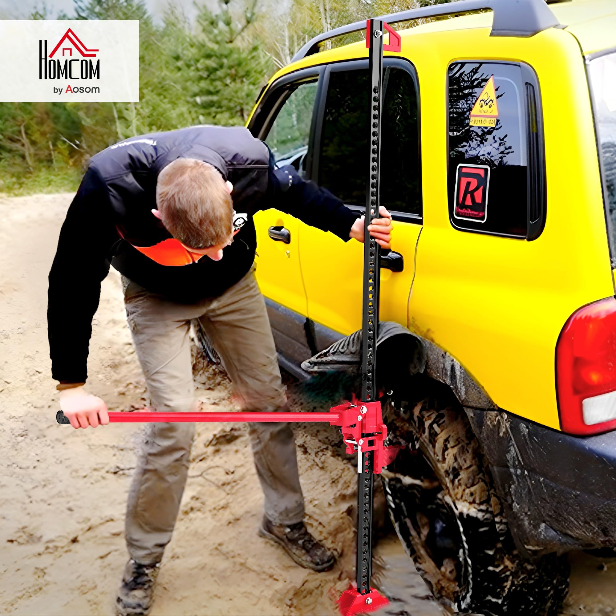HOMCOM Cric Farm Jack Tout-Terrain ATV 4x4 Charge Max. 3000 kg Rouge | Hauteur de Levage 11-135 cm, Cric à Crémaillère, Dépannage Véhicule Embourbé, pour Voiture Camion SUV
