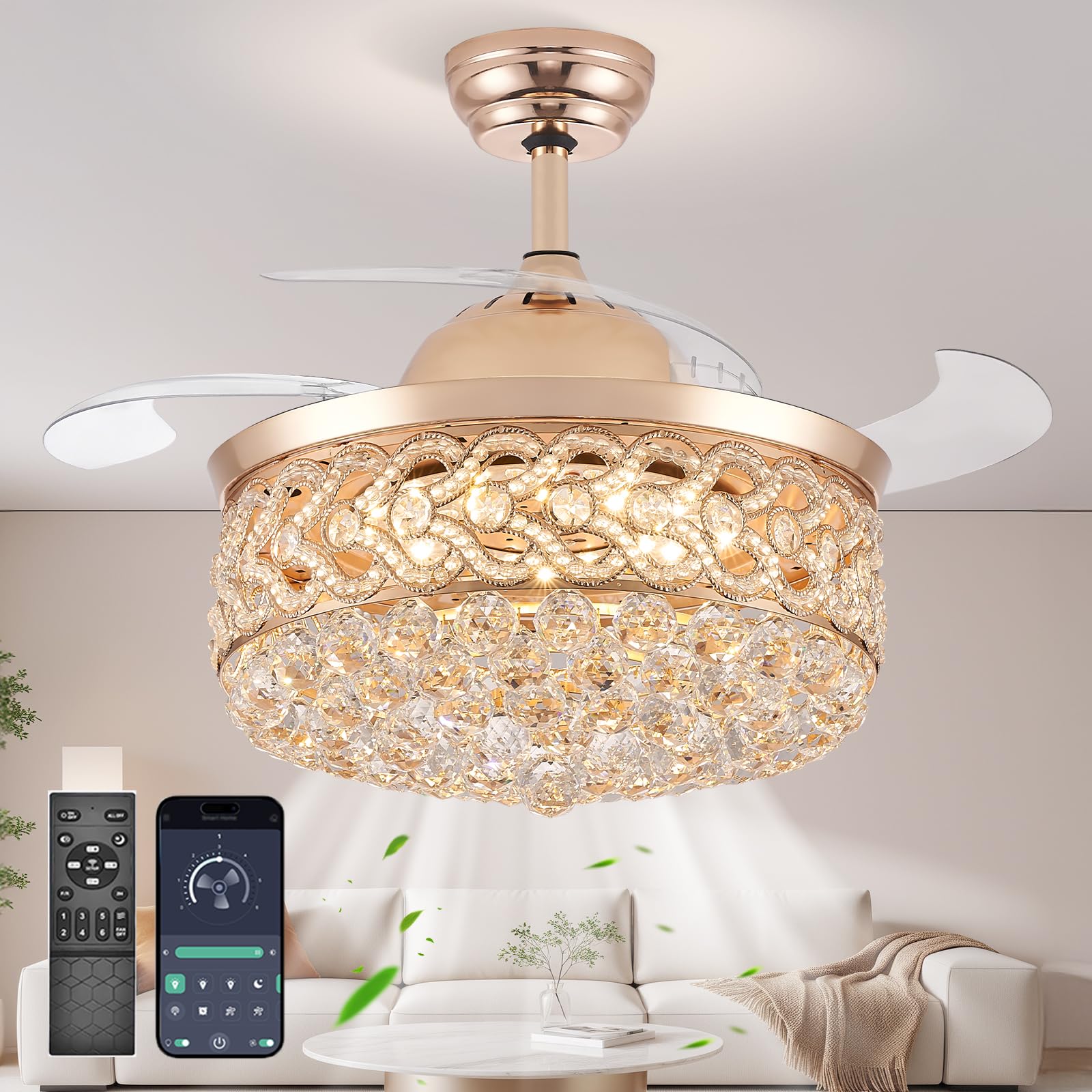 Crystal Chandelier Ceiling Fan with Light Retractable Invisible Blade LED Lighting with Remote Control 6 Speed 3 Lighting Change Black Fandelier with Memory Function 48 Inch Gold