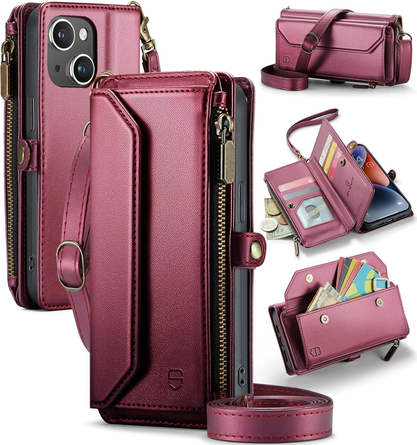 Wallet Case Compatible with iPhone 14 RFID Blocking 7-Card Holder Soft PU Leather Magnetic Snap Shoulder Strap Zipper Pocket Phone Case Fit for iPhone 14 for Women 6.1" - Wine Red iPhone 14 - 6.1" Wine Red