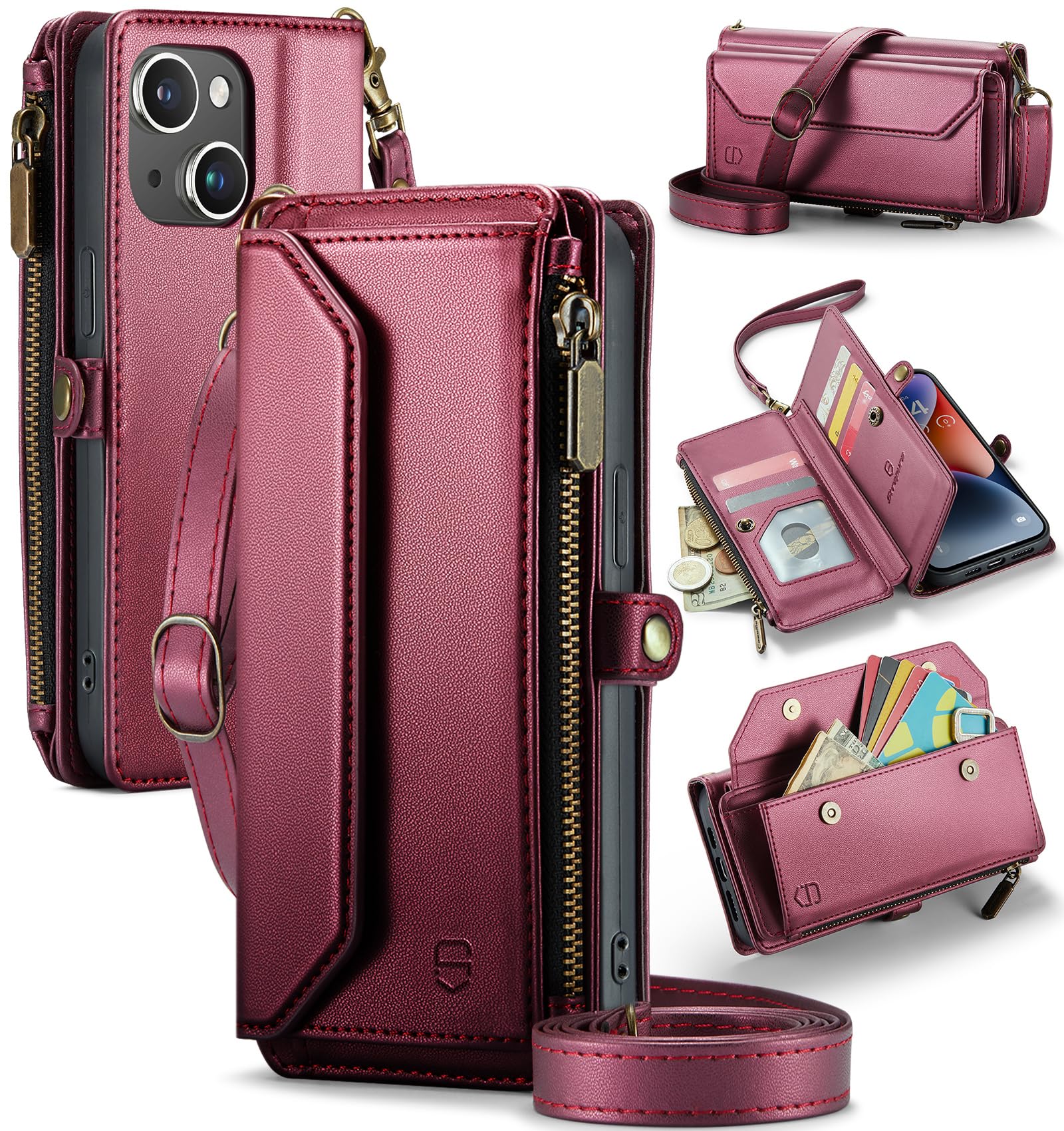 Dteck Crossbody Wallet Case For IPhone 16 Pro Max RFID Blocking 7-Card Holder Soft PU Leather Magnetic Closure Shoulder Strap Zipper Pocket Phone Fit Max