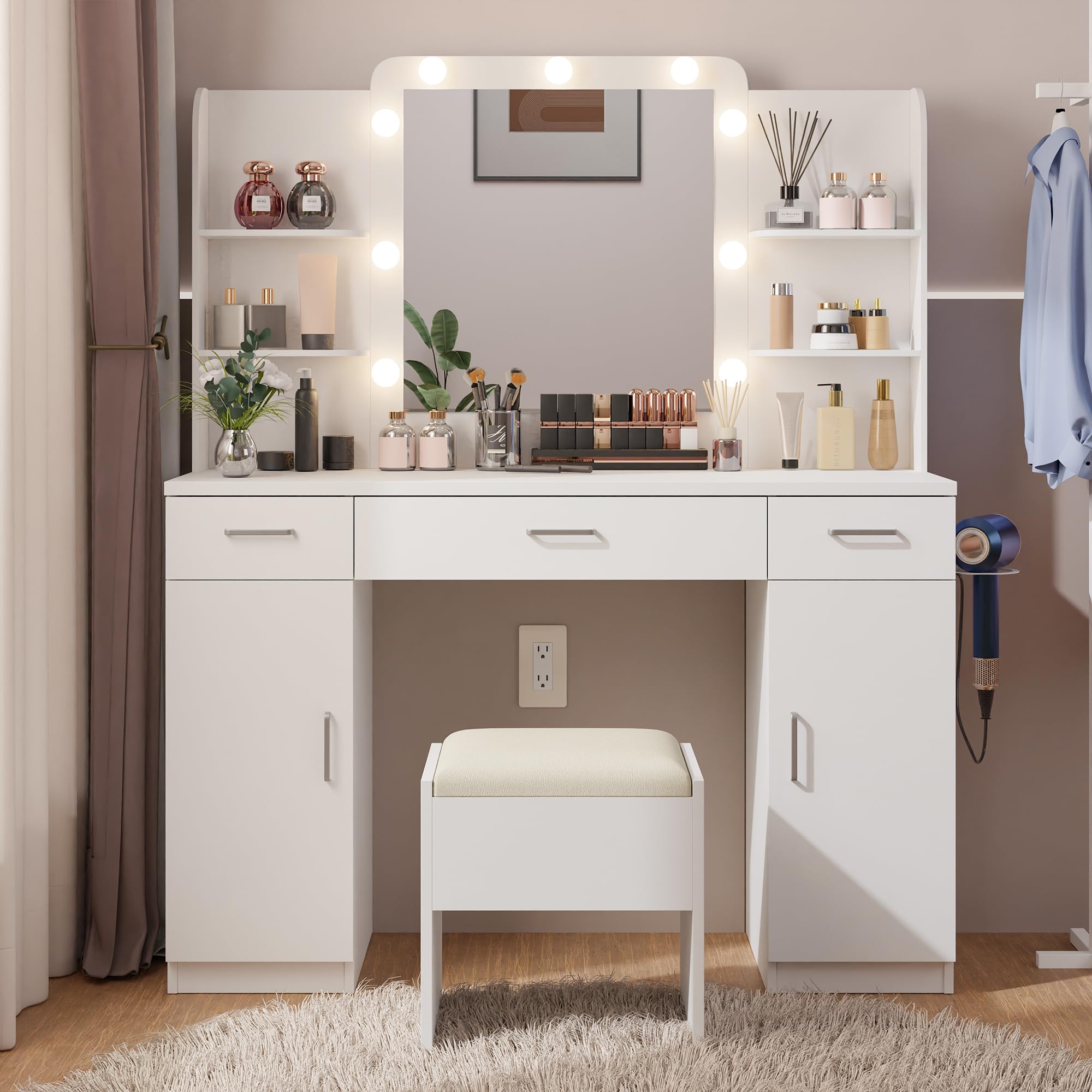 Xilingol Vanity Desk with Mirror and Lights, 45.3