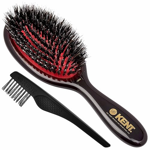 Kent CSMS Classic Shine - Cepillo alisador de cojín ovalado pequeño, cepillo de pelo de cerdas de jabalí negro natural con plumas de nailon, cepillo