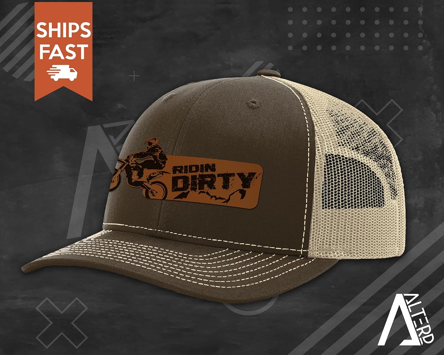 Ridin Dirty Leather Patch Snapback Trucker Hat Richardson 112 | Dirt Bike Motocross MX Braap Birthday Christmas Fathers Day