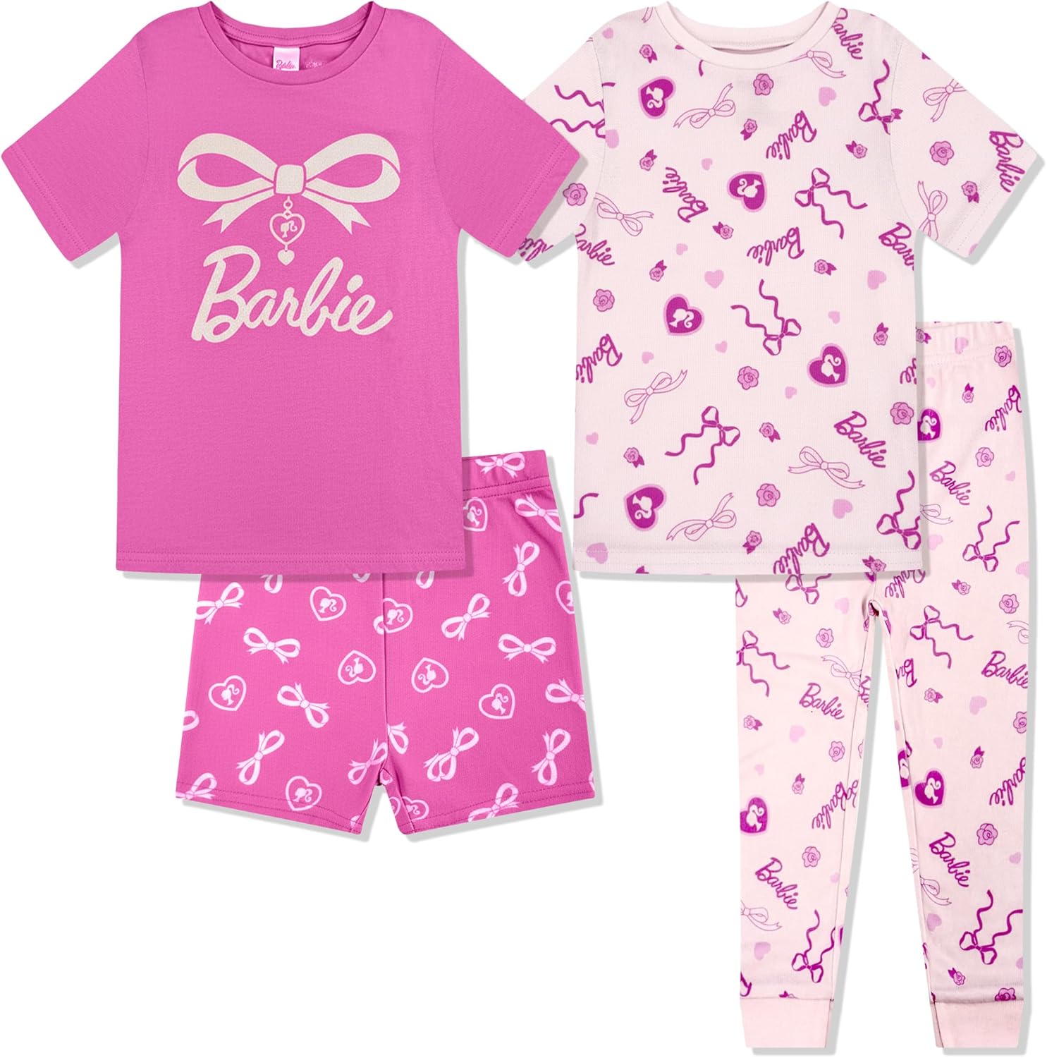 Barbie 4 Piece Pajama Set - Kids Tight Fit Short Sleeve Shorts & Pants, Sleepwear Set for Girls & Toddlers - Official Product