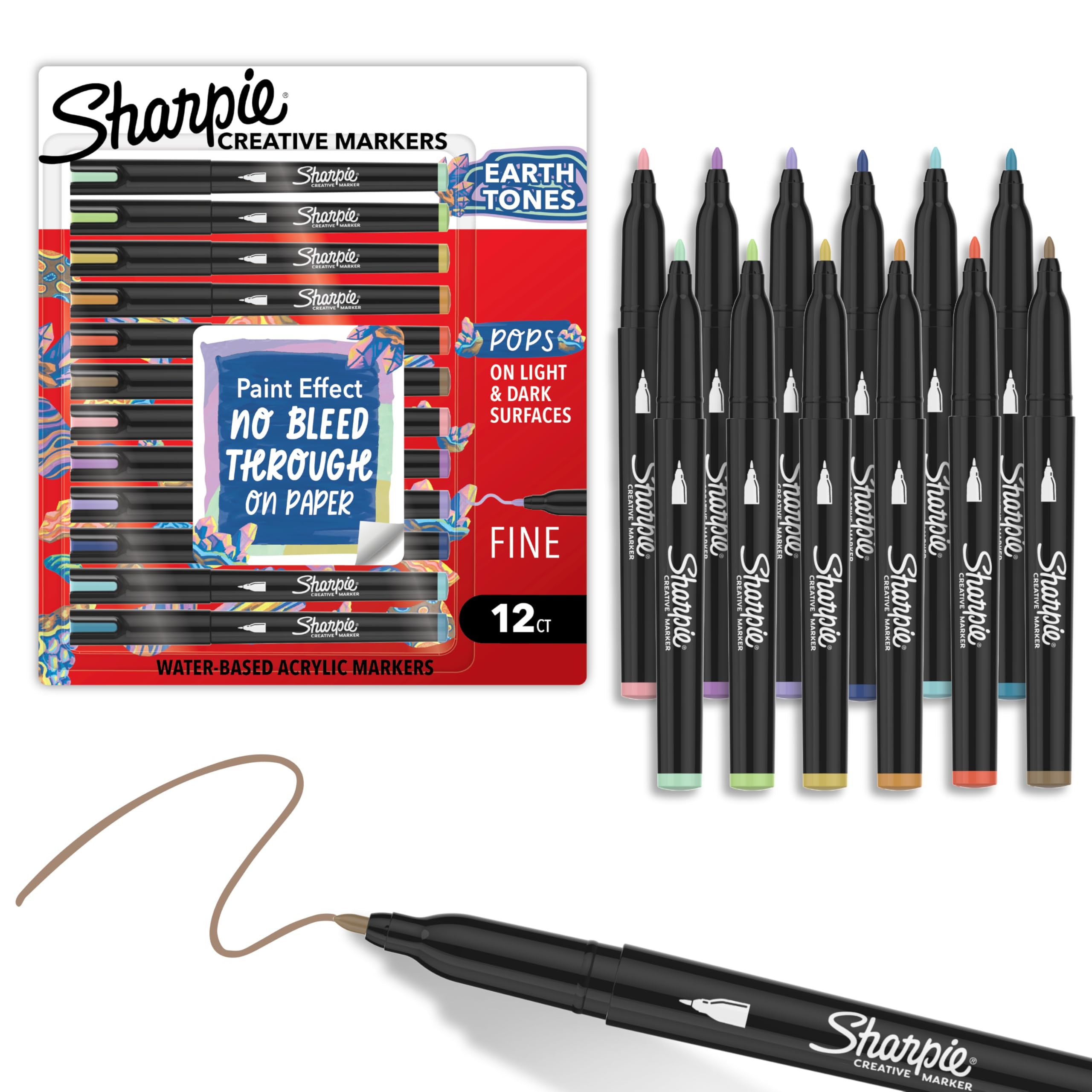 Sharpie Creative Markers, Earth Tones, Water-Based Acrylic Paint Markers, Fine Tip, 12 Count