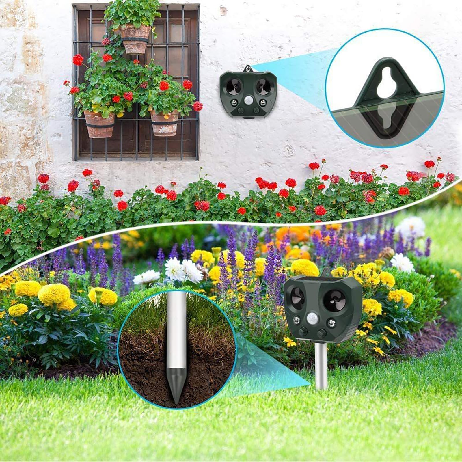 Répulsif Animaux Solaire, Repulsif Chat Exterieur, Ultrason Oiseau, Répulsif Souris, Ultrason Charge Solaire, Chargement USB, Jardin pour Cours, Fermes, Champs (A)