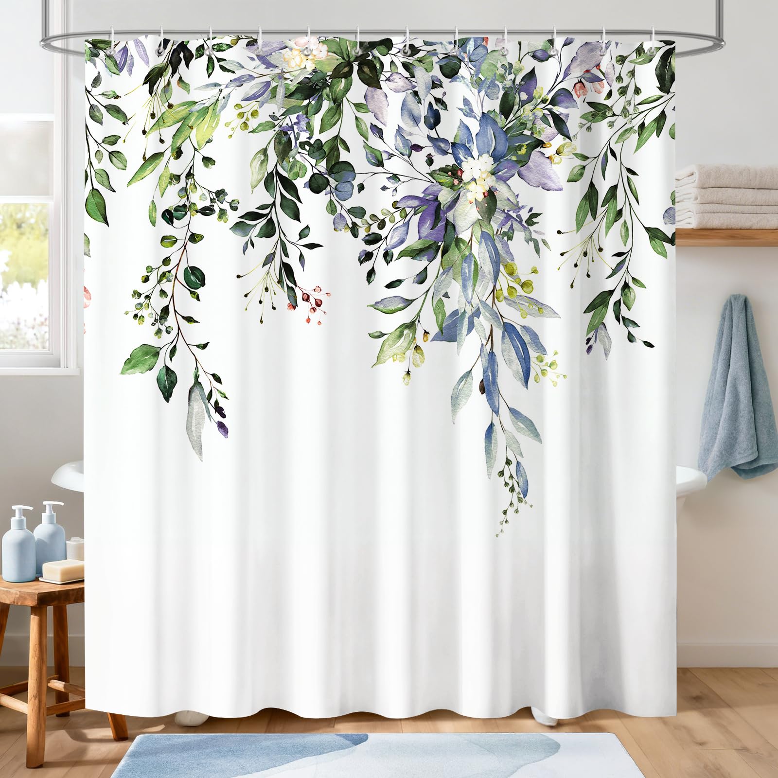 Hopomoon Eucalyptus Shower Curtain,Watercolor Green Spring Floral Modern Farmhouse Fabric Bathroom Decor,Waterproof Boho Bath Curtain Set with 12