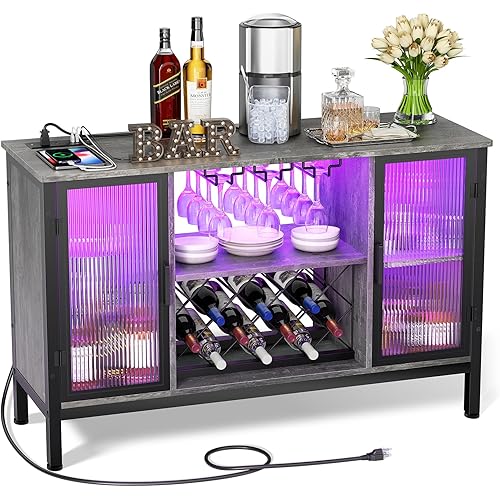 Zarler Sideboard Buffet Cabinet with Power Outlet and Light, LED Wine Cabinet for Liquor and Glasses, 47" Kitchen Storage Cabinet for Living Room(Dark Grey)