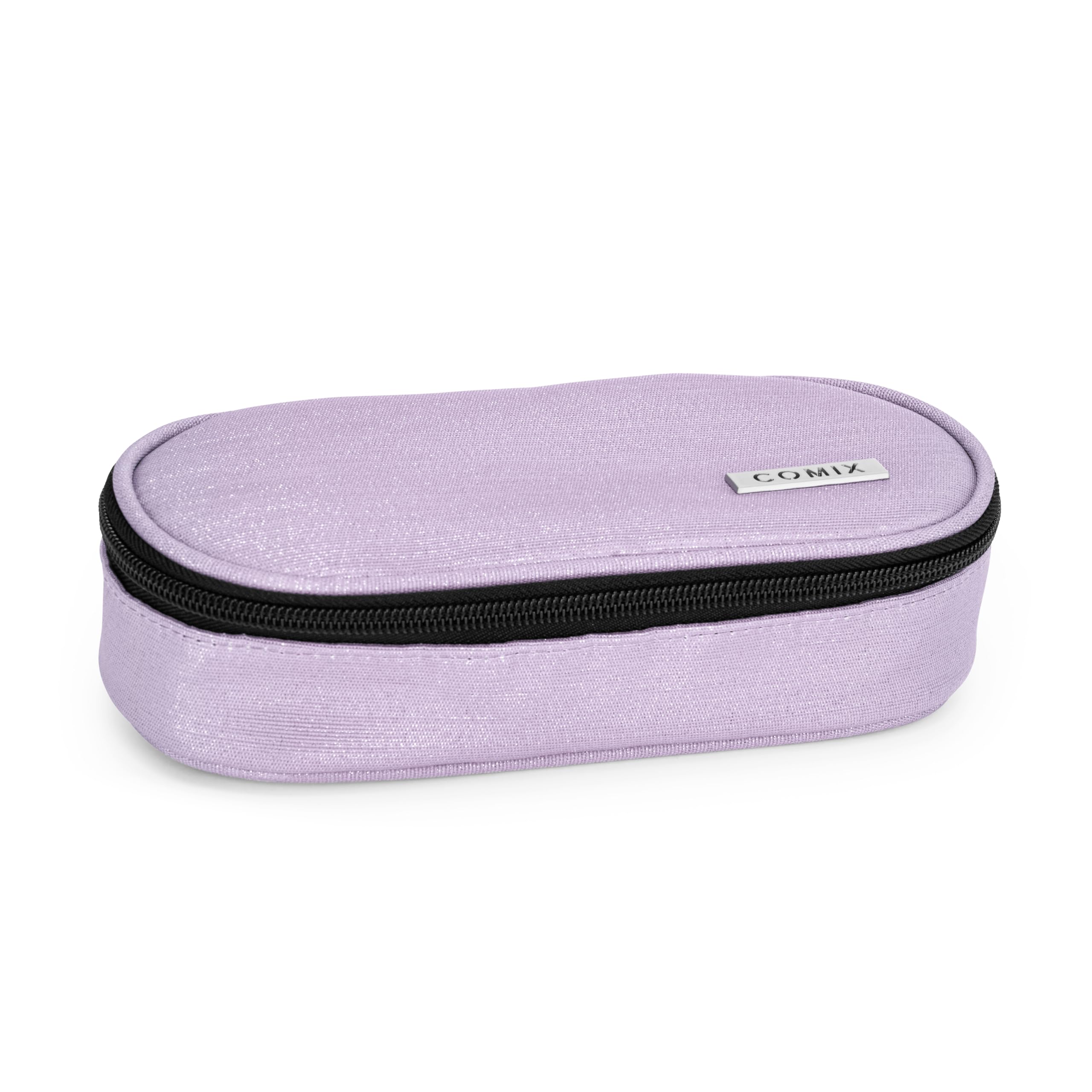 Comix Lurex Oval Pencil Case for Children and Teenagers, Ideal for Storing Stationery, Practical Zip Closure, Interior with Elastic Loops on the Sides, 22 x 5 x 7 cm, Lilac, Casual