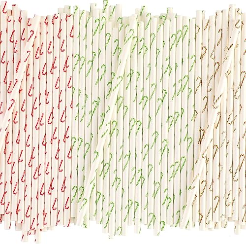 120 pajitas de Navidad de bastón de caramelo a rayas, pajitas de papel desechables a rayas rojas y blancas, suministros de fiesta de Navidad para