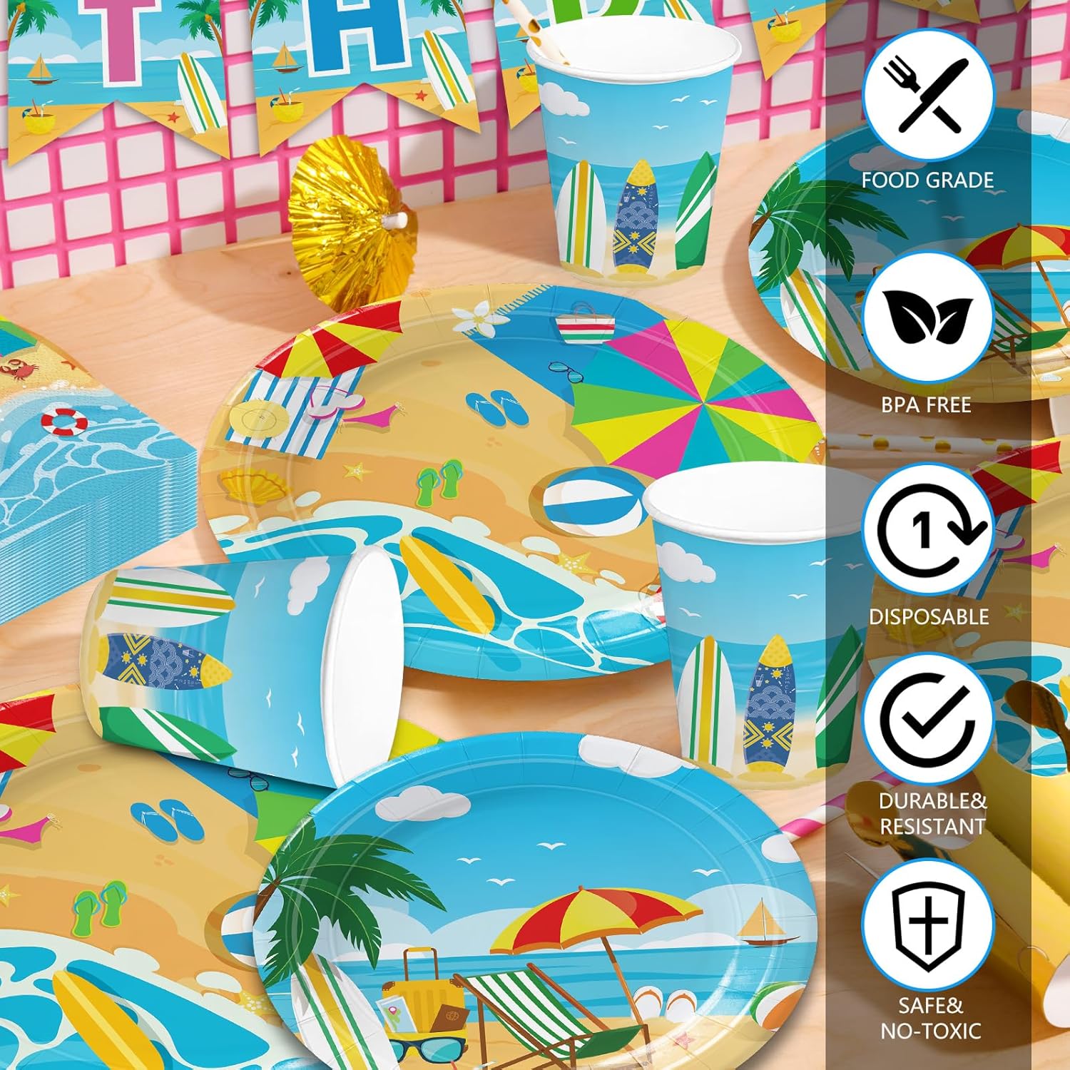 171pcs Beach Birthday Party Decorations Paper Plates Napkins Summer Beach Party Supplies Disposable Cups Banner Tablecloths Tableware Set for Summer Birthday Decor Serve 24