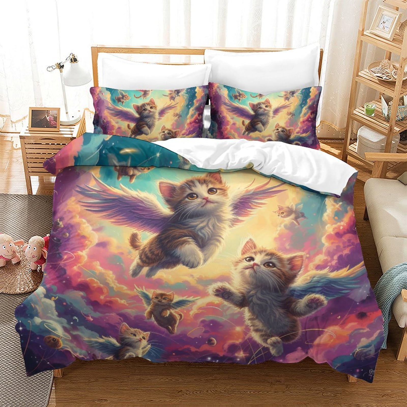 Parure de lit chat 3D avec housse de couette 220x240 microfibre et taies enfants