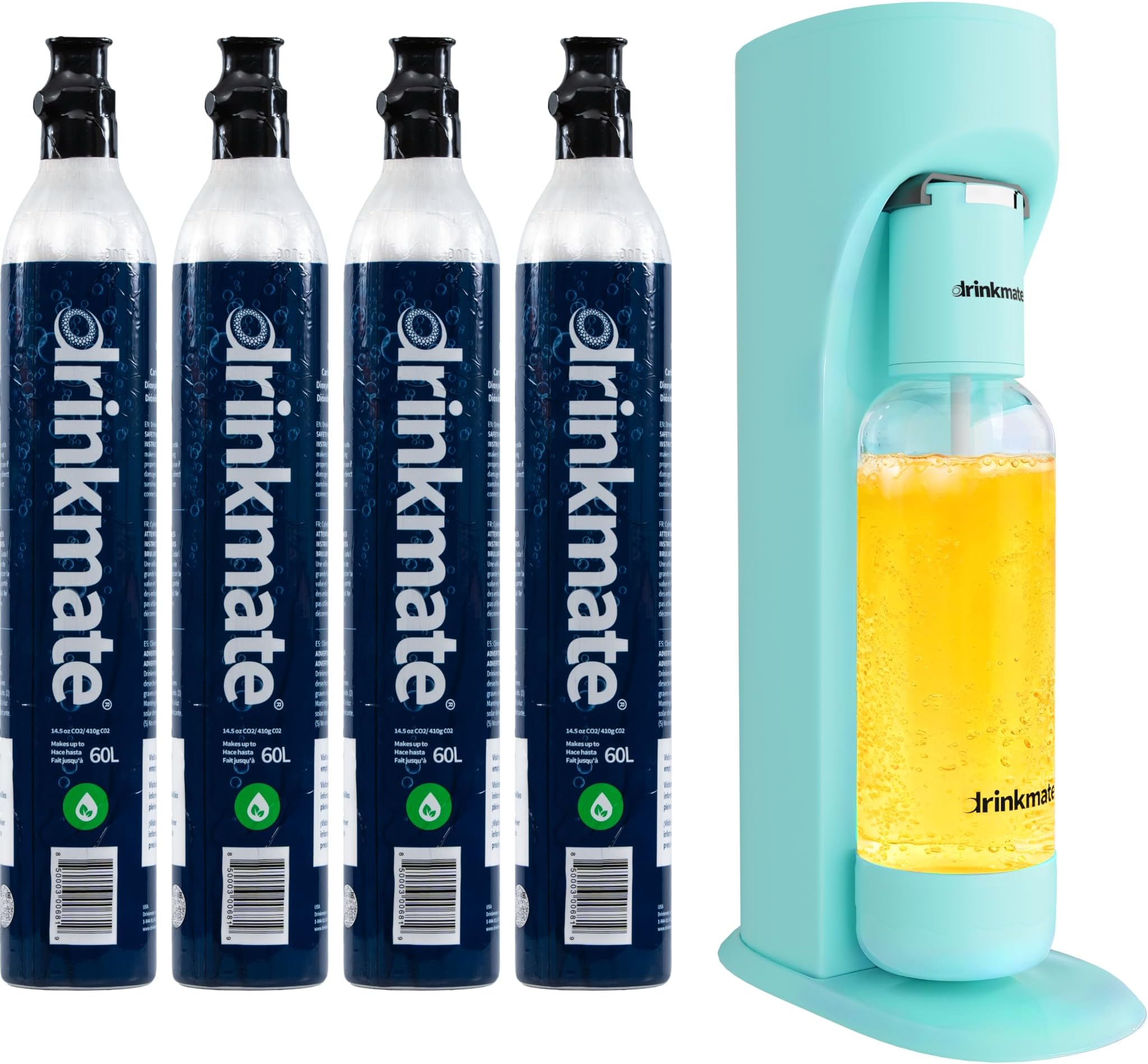Drinkmate OmniFizz Sparkling Water Maker & Soda Streaming Machine | Carbonates Any Drink | PREMIUM KIT | Includes Four 60L CO2 Cartridges + One BPA-Free Bottle (Arctic Blue)