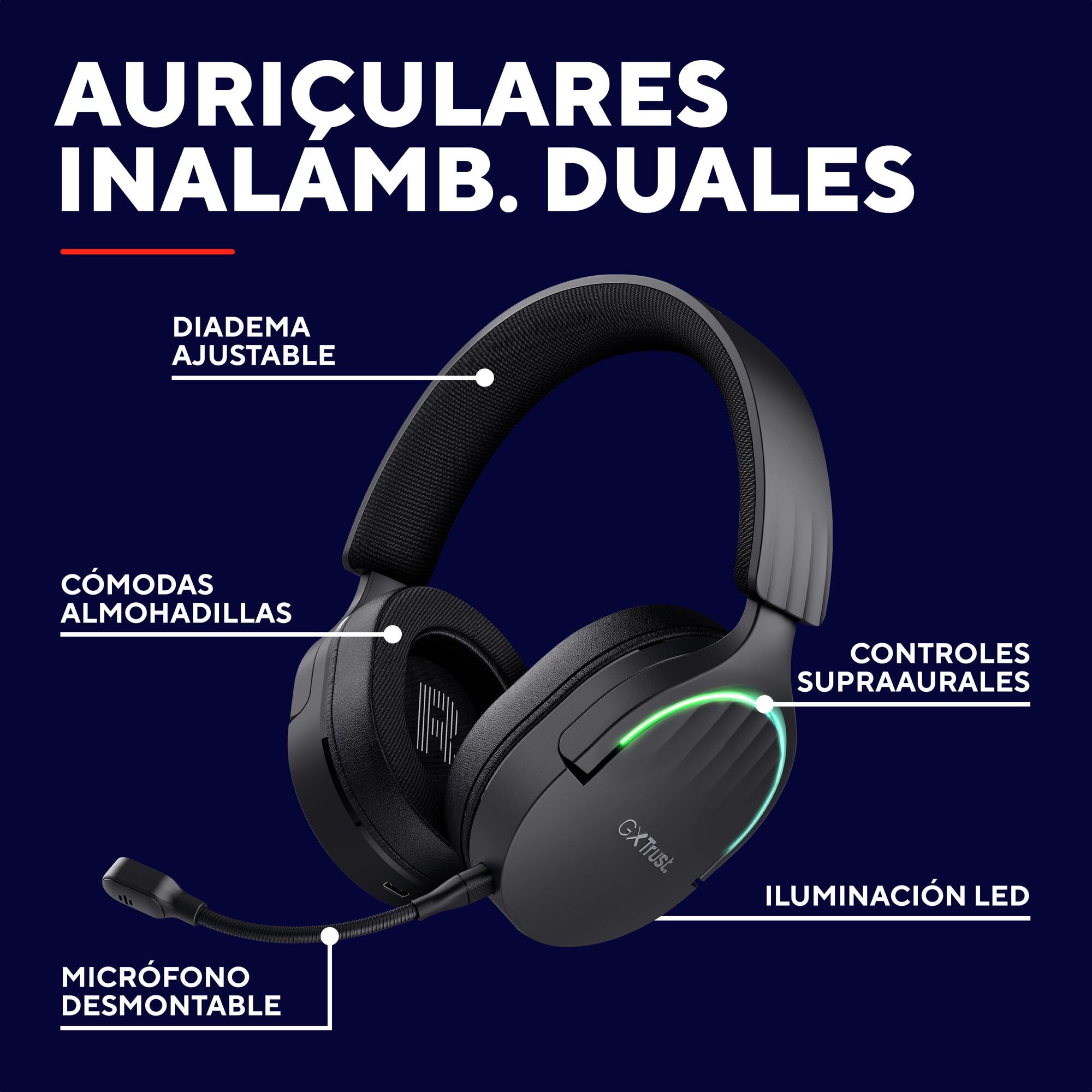 GXTrust 491 Fayzo Cascos Gaming Inalámbricos Bluetooth + 2.4 GHz, 7.1 Sonido Envolvente, Batería de 22 Horas, Auriculares Inalámbricos RGB Over-Ear PC PS5 PS4 Switch - Negro