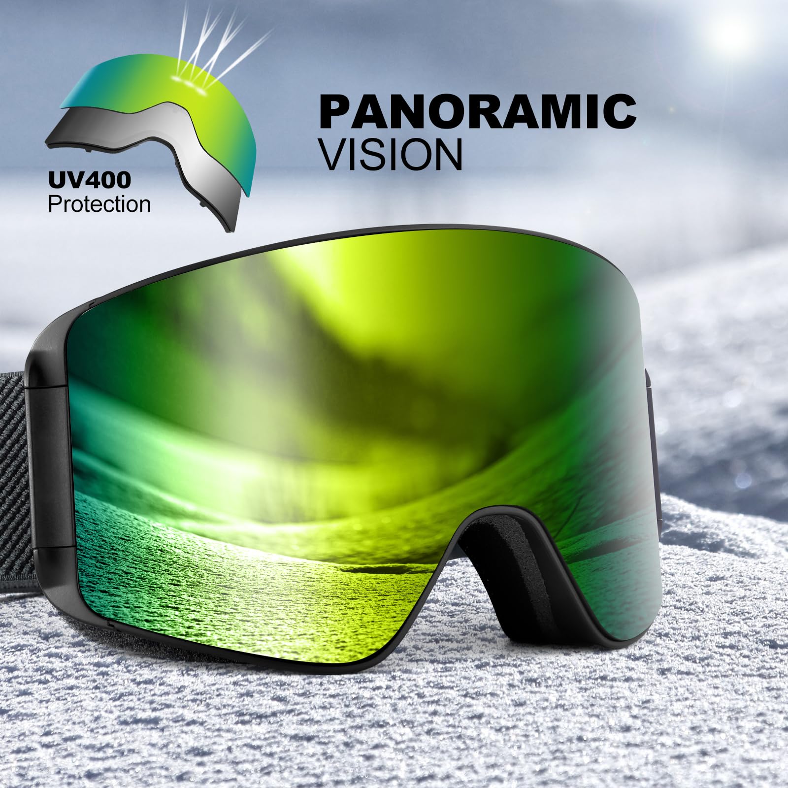 Odoland Kit di Maschera da sci con Lente Rimovibile, Lenti Intercambiabili Magnetico Senza Cornice, Occhiali da Sci Anti-nebbia con Protezione UV400, per Uomini e Donne, Compatibile con Casco