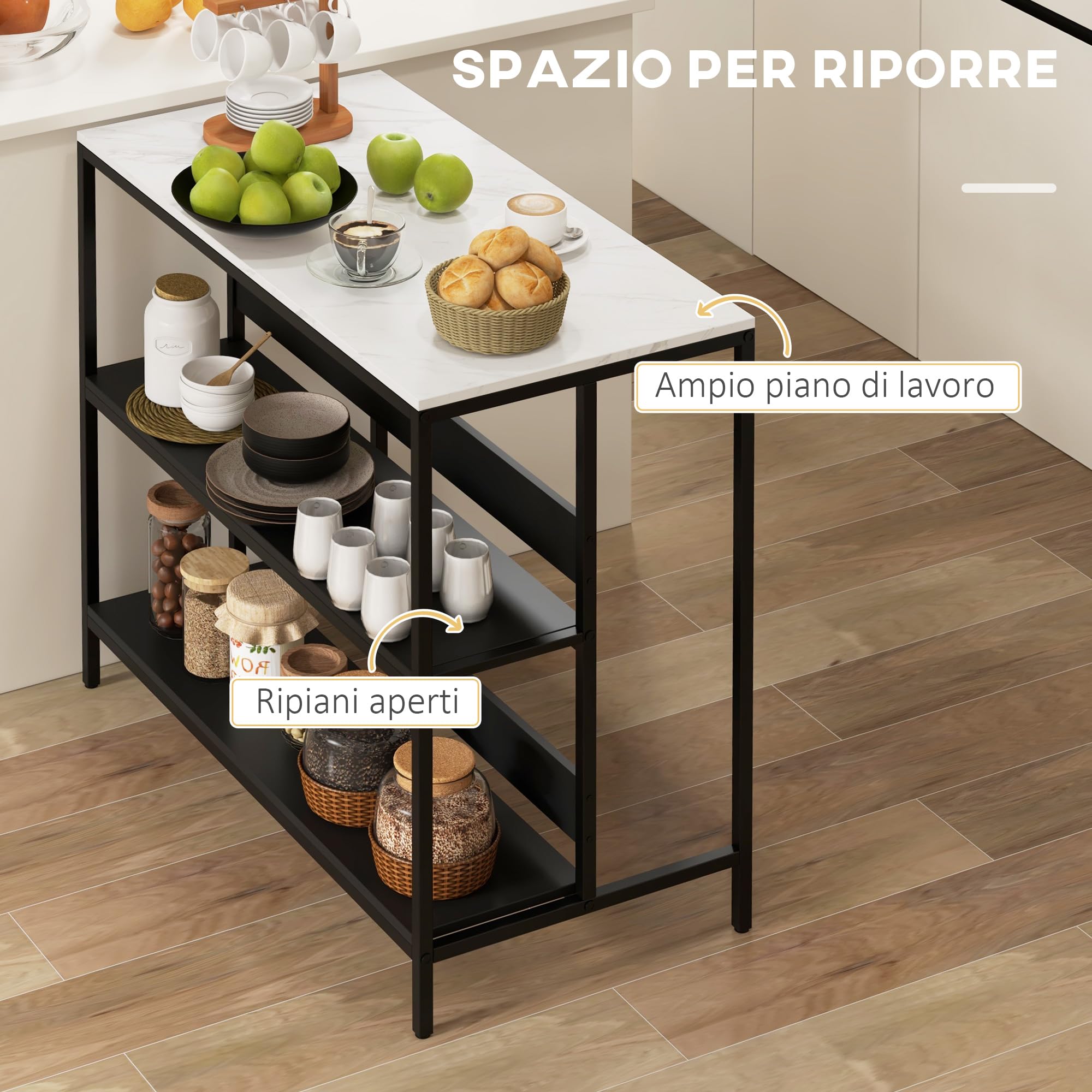 HOMCOM Isola da Cucina Bancone Bar con Ripiani, Scaffale da Cucina con Piano Effetto Marmo e Struttura in Metallo, 100x50x90cm, Nero e Bianco