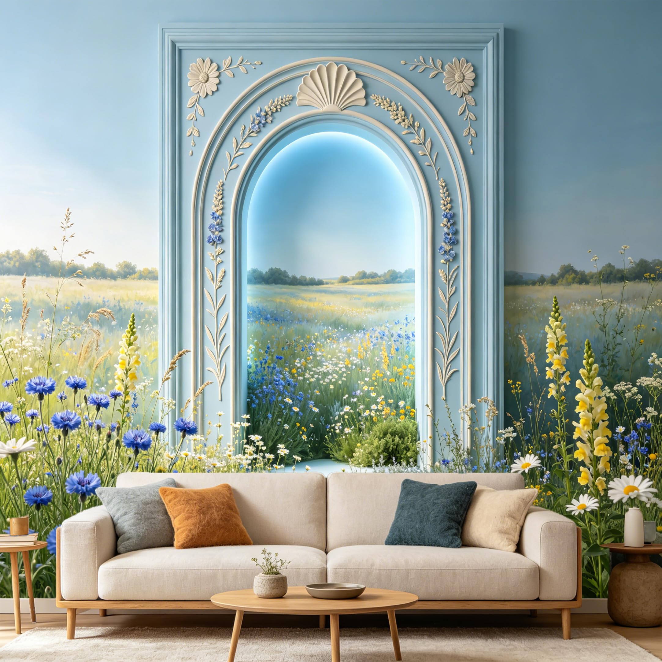 Custom Size Wall Mural， 3D Archway Landscape Wildflowers Meadow Nature View， SelfAdhesive Art Prints wall Fabric Removable Large Wallpaper Home Living Room Decor