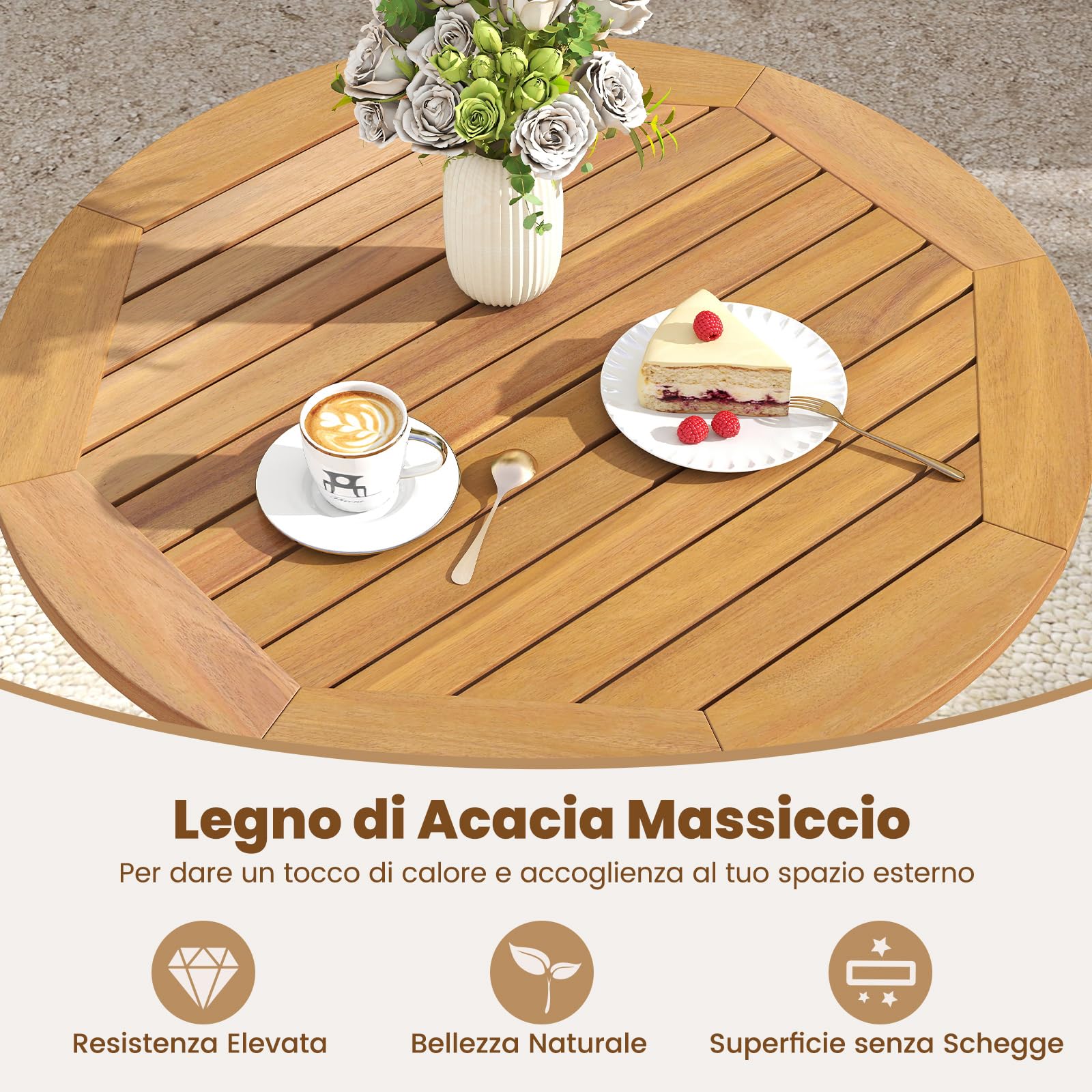 COSTWAY Tavolo Pieghevole da Esterno, Tavolo Bistro Rotondo Ø 67 cm, Legno di Acacia, Struttura a X, Piano a Doghe, per Giardino, Balcone, Cortile, Portata 80 kg