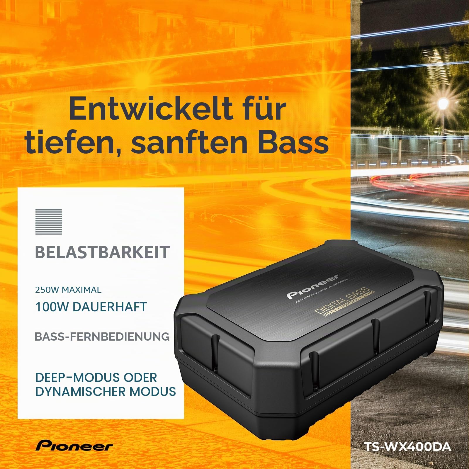 PIONEER TS-WX400DA Class-D Aktivsubwoofer mit digitaler Bassregelung für tiefedynamische Bässe (250 W), 2 frei wählbare Bassmodi, schwarz, 300 x 100 x 200 mm