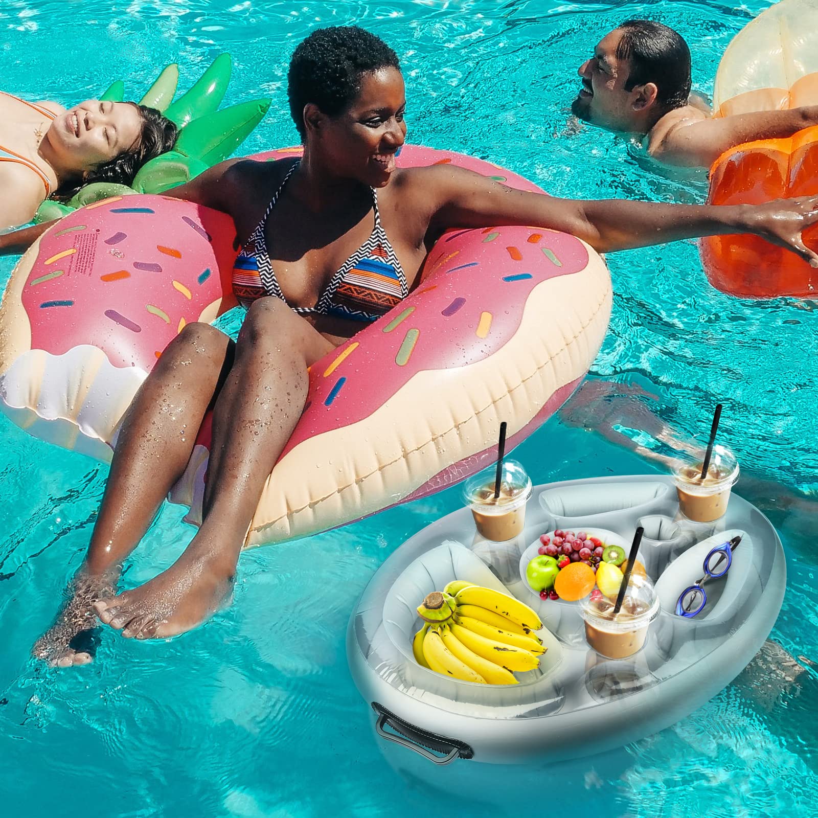 Yisscen Portabibite Gonfiabile Galleggiante, Portabevande 2-in-1 e Porta Snack Bar Piscina 8 Fori Sottobicchieri di Grande Capacità, Portabottiglie Gonfiabile Galleggiante Festa in Piscina Estiva