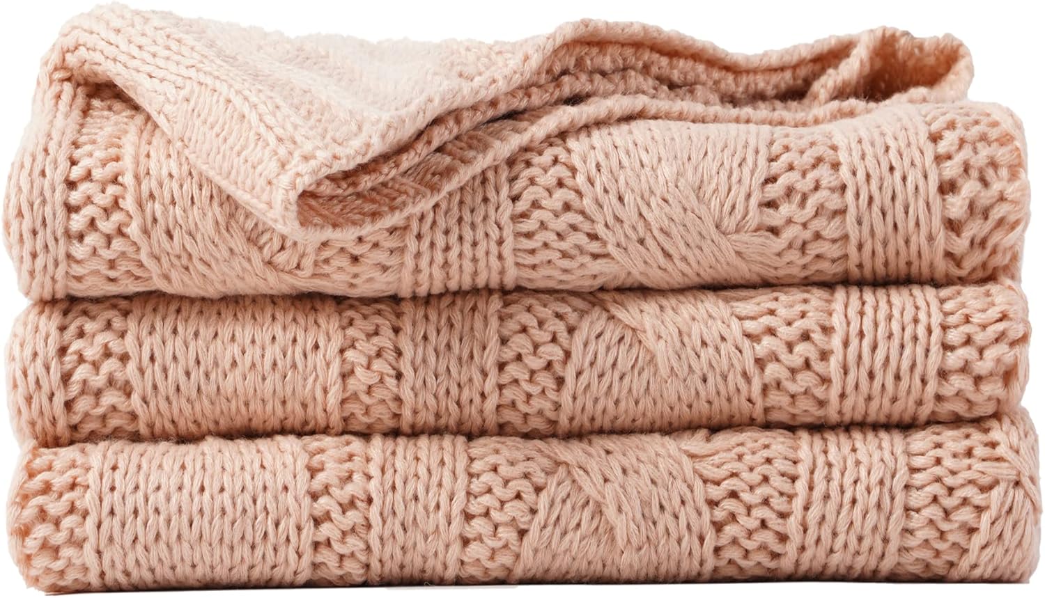 BATTILO Home Blush Pink Throw Blankets for Couch Sofa Bed, Cable Knit
