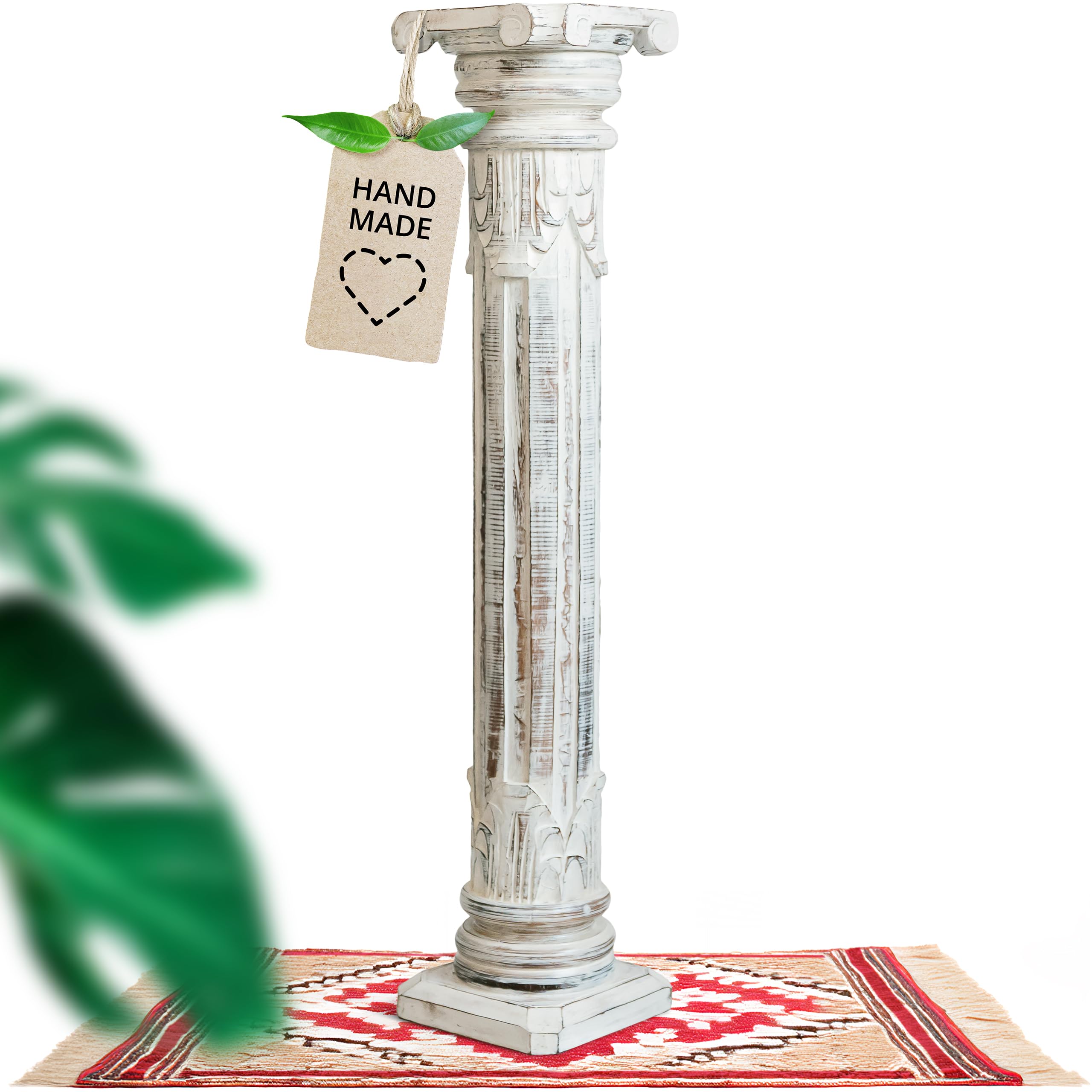 livasia edle Blumensäule Holz im Antik-Look – 100cm – Dekosäule aus Albiziaholz, Handgefertigt, Nachhaltig und Einzigartig aus Bali, Perfekt für Wohnzimmer, Flur oder Garten (Weiß)
