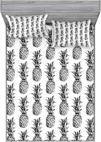 Ambesonne Juego de sábanas bajeras y fundas de almohada de piña dibujadas a mano, estilo tropical vintage, estampado decorativo, juego de ropa de