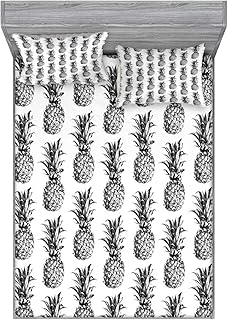 Ambesonne Pineapple Fitted Sheet & Pillow Sham Set, Hand Drawn Tropical Theme Vintage Style Pineapple Fruit Pattern, Decorative Printed 3 Piece Bedding Decor Set, Queen, Black Gray