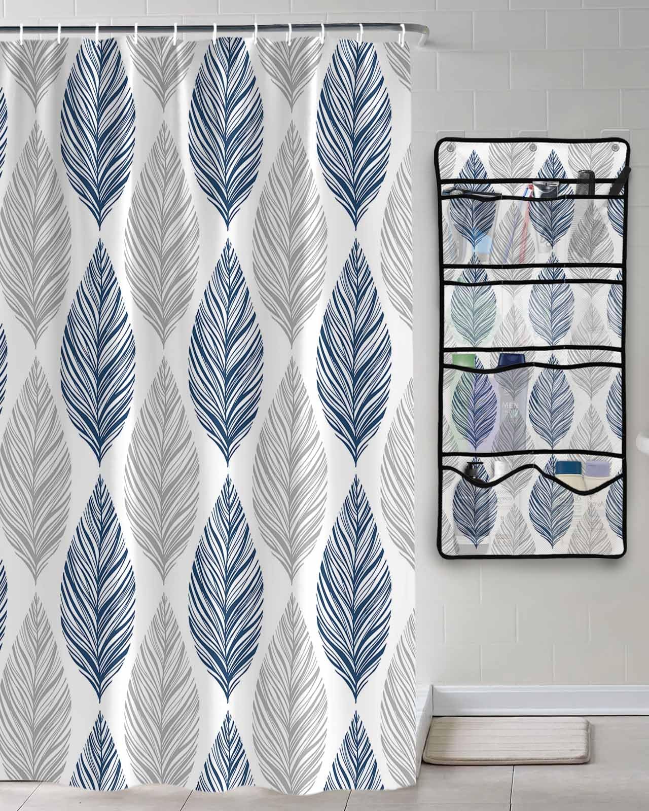 Shower Curtain Mesh Shower Organizer Hanging Set Grey and Navy Blue Olive Leaf Texture Watercolor Hand Drawn Waterproof