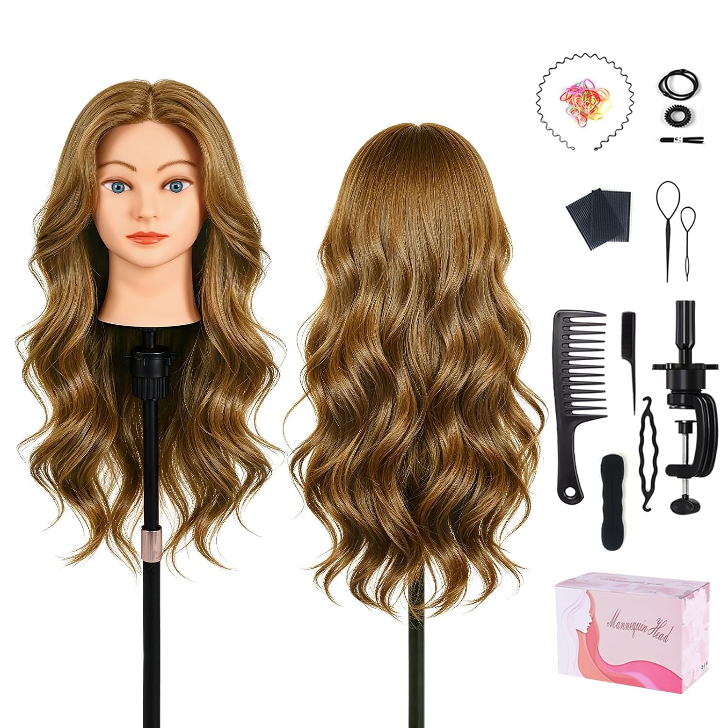 TopDirect Frisierkopf 45 cm mit 100% realistischem Kunsthaar, Honigblond | natürliches Haargefühl, Friseur Übungskopf mit Halter & Zubehör für Flechten, Schneiden und Styling