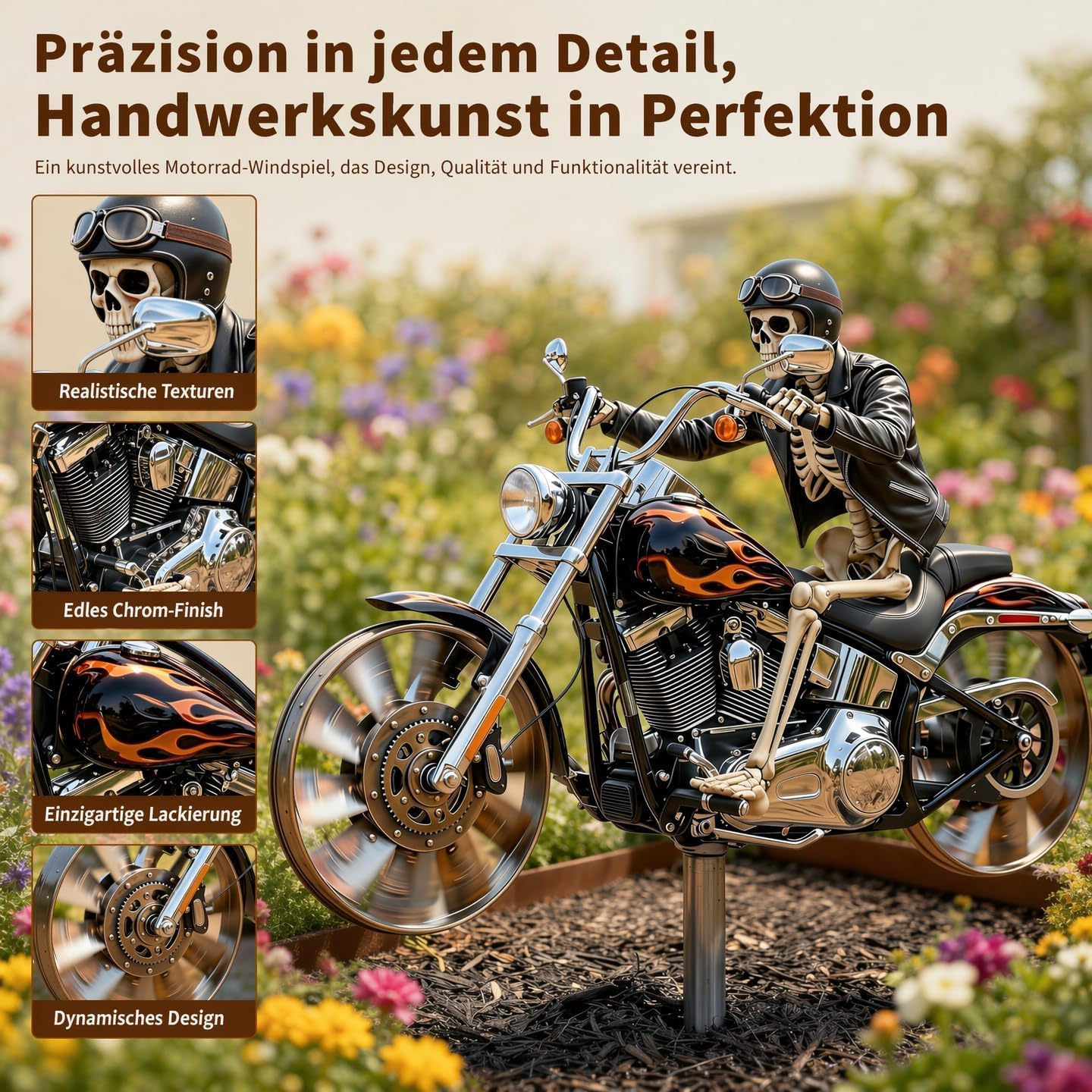 Skelett Motorrad Windspiel, Motorrad Windrad Garten Windspiel, Biker-Totenkopf-Windmühlenpfahl Skelett-Motorrads Gartenspinner, für Terrasse, Hof, Gartens, Garden Decoration