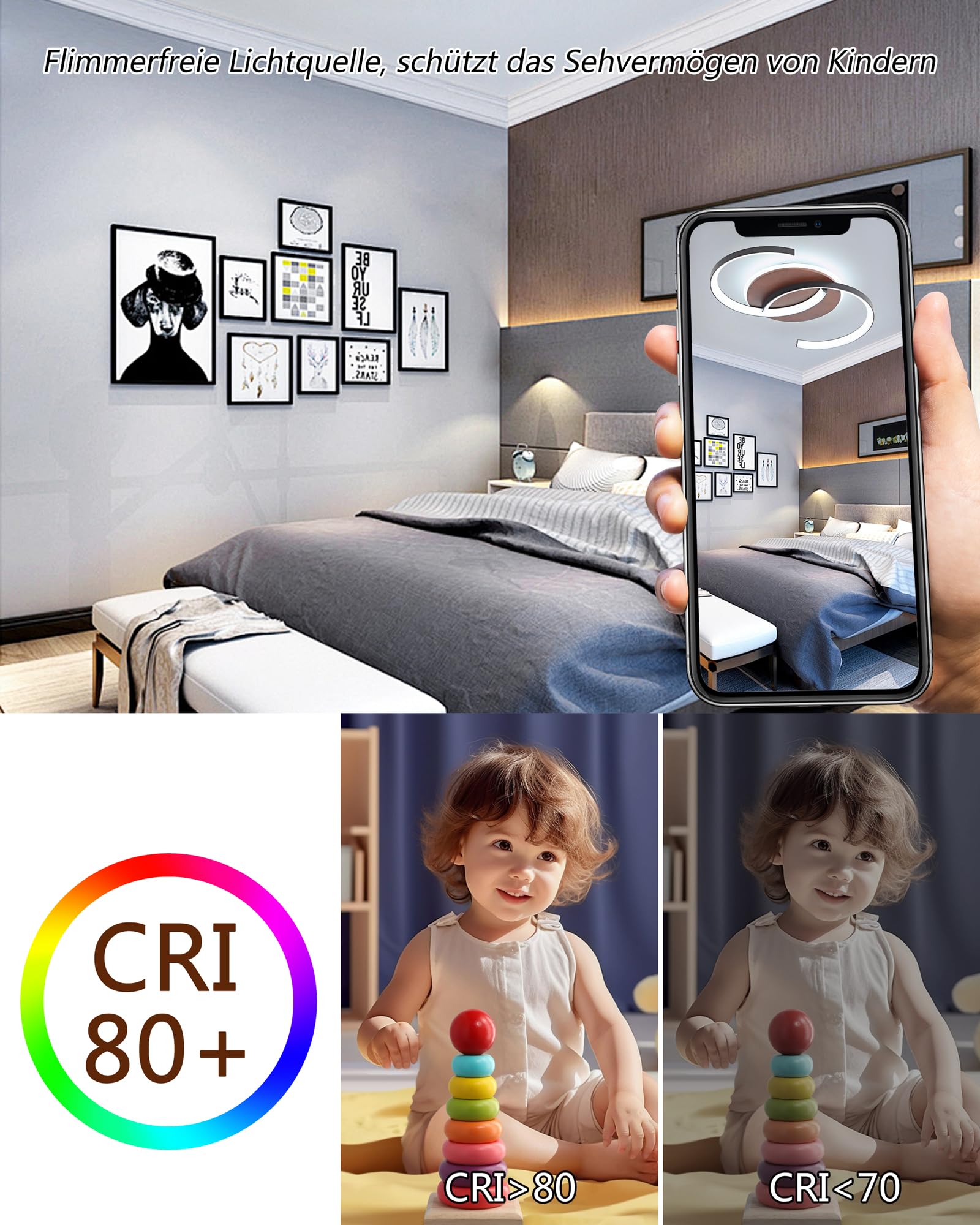 LED Deckenleuchte Holz dimmbar, Walnuss schwarz „S“ 2-Ringe Modern Deckenlampe, 32W 50cm 3200lm 3000K-6000K mit Fernbedienung, Schlafzimmerlampe, Flurlicht, Memory-Funktion, 4W Nachtlicht