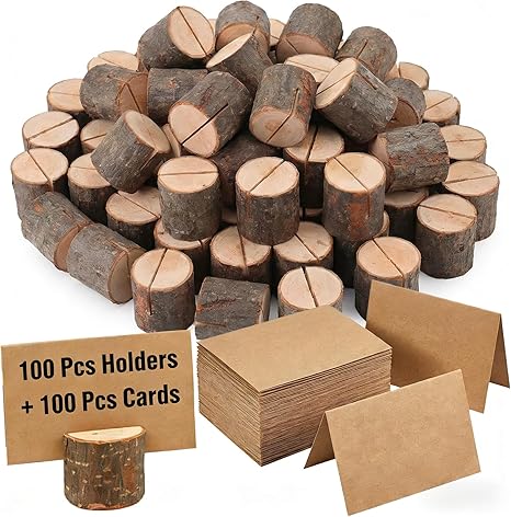 100 Pack Rustic Wooden Place Card Holders with 100 Kraft Cards, Table Number Holder, Photo Display Stand, Memo Card, Food Label Holder for Wedding, Party, Craft
